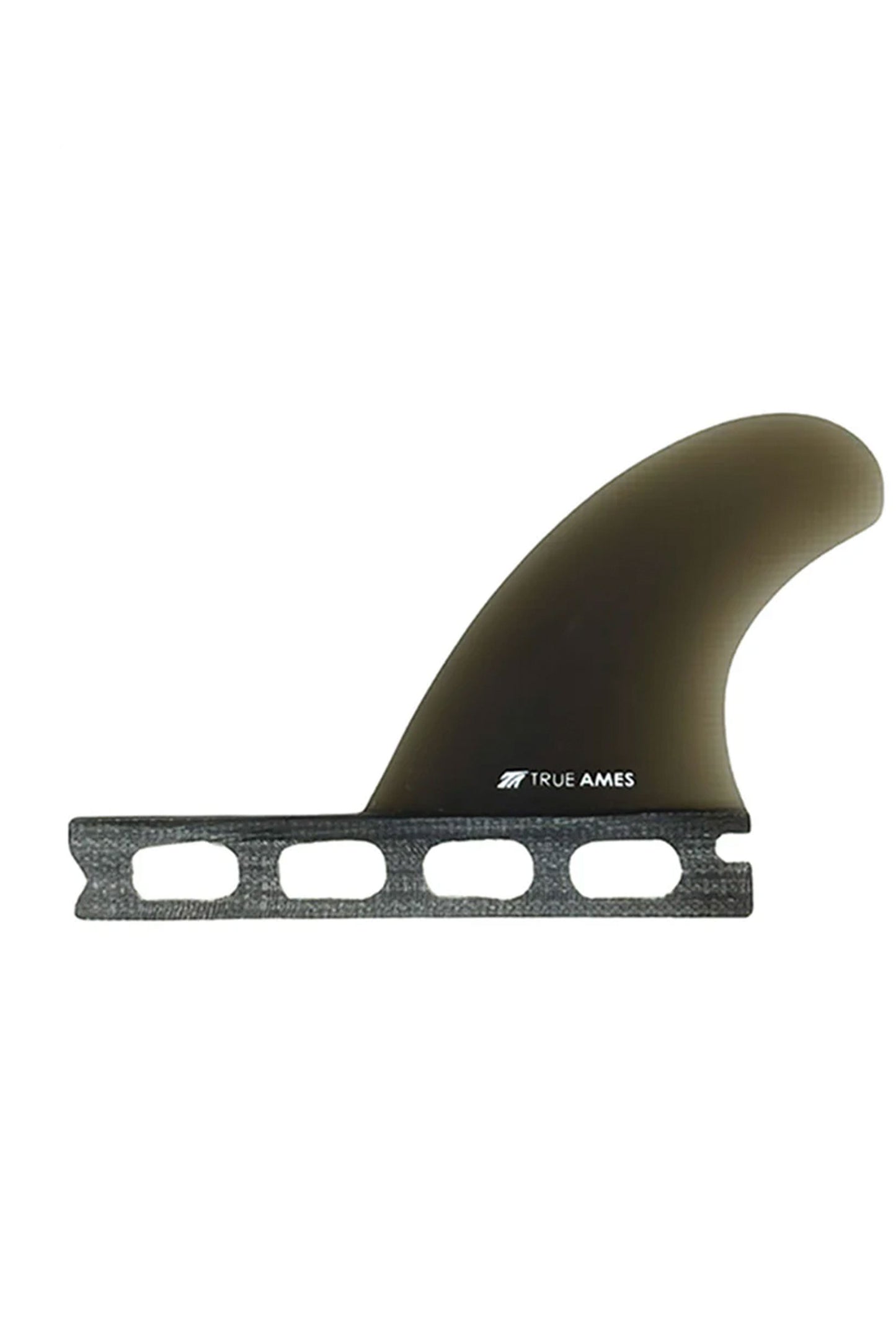 Surfboard fin with 'True Ames' branding on a white background
