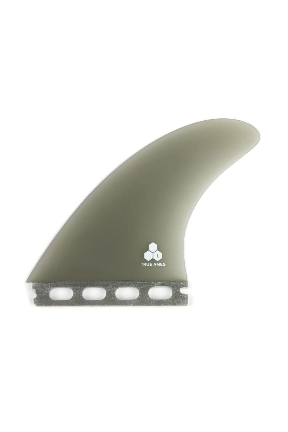 A single surfboard fin blade in a smoke grey color, featuring a white printed True Ames Logo and Channel Islands logo shown against a plain white background.