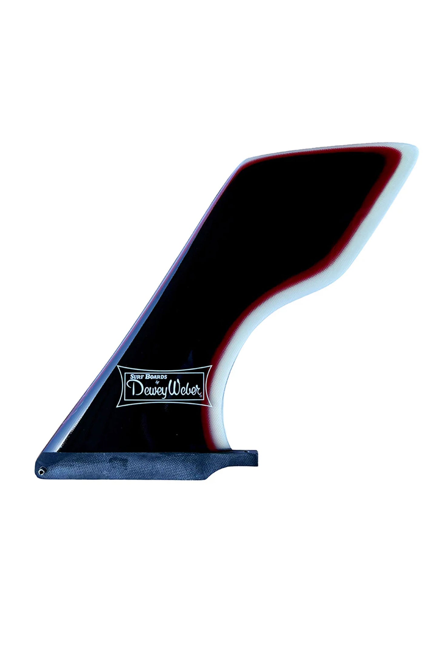 Black and blue surfboard fin with a brand logo on a white background