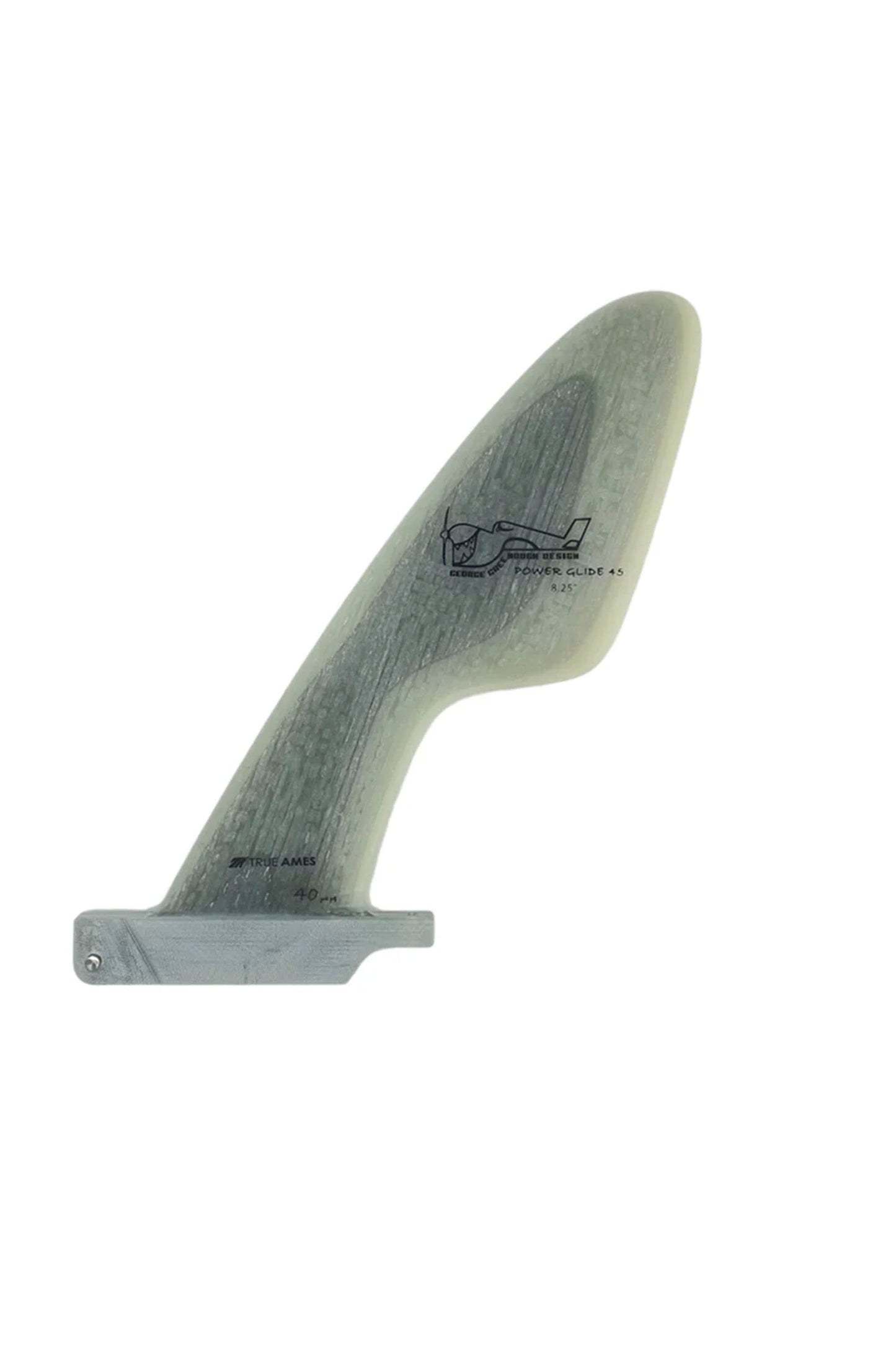 Surfboard fin with a logo on a white background