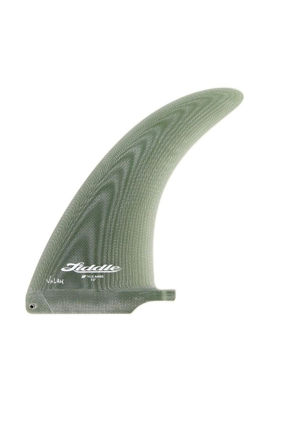 A single surfboard fin blade in a muted sage green color, featuring a visible wood grain pattern and the 'LIDDLE' brand name printed near the base, set against a plain white background.