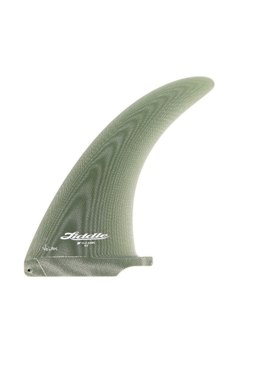 A single surfboard fin blade in sage green with a visible wood grain pattern, featuring the 'LIDDLE' brand name printed in white script near the base.
