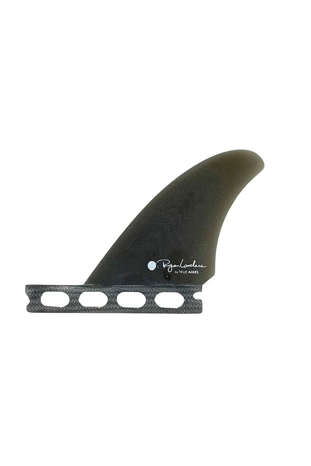 A Black surfboard fin with a textured finish and a gray mounting base, featuring the 'Ryan Lovelace' brand logo in white.