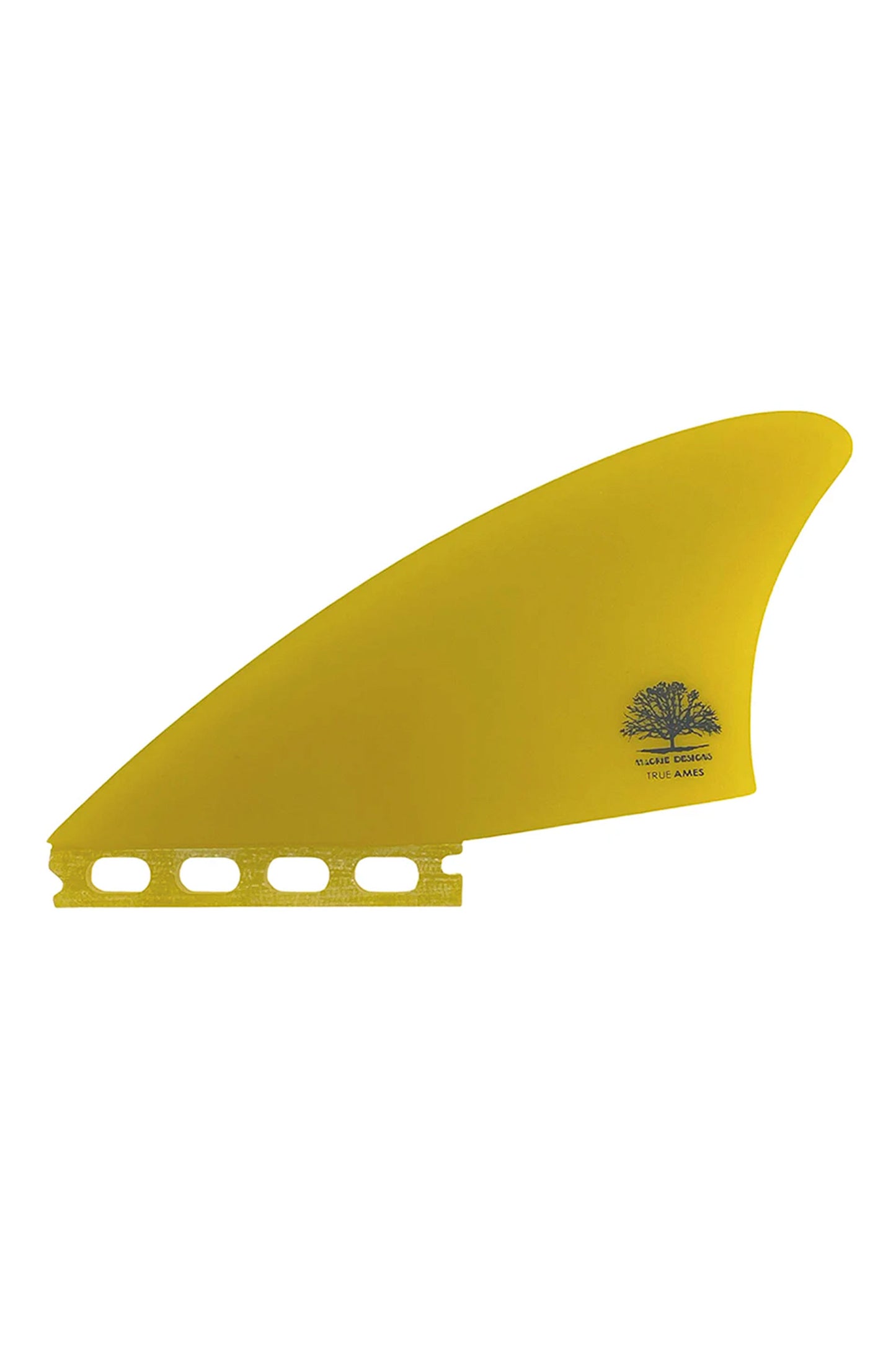 Yellow True Ames Mackie Sidecut twin fin with a brand logo on a white background