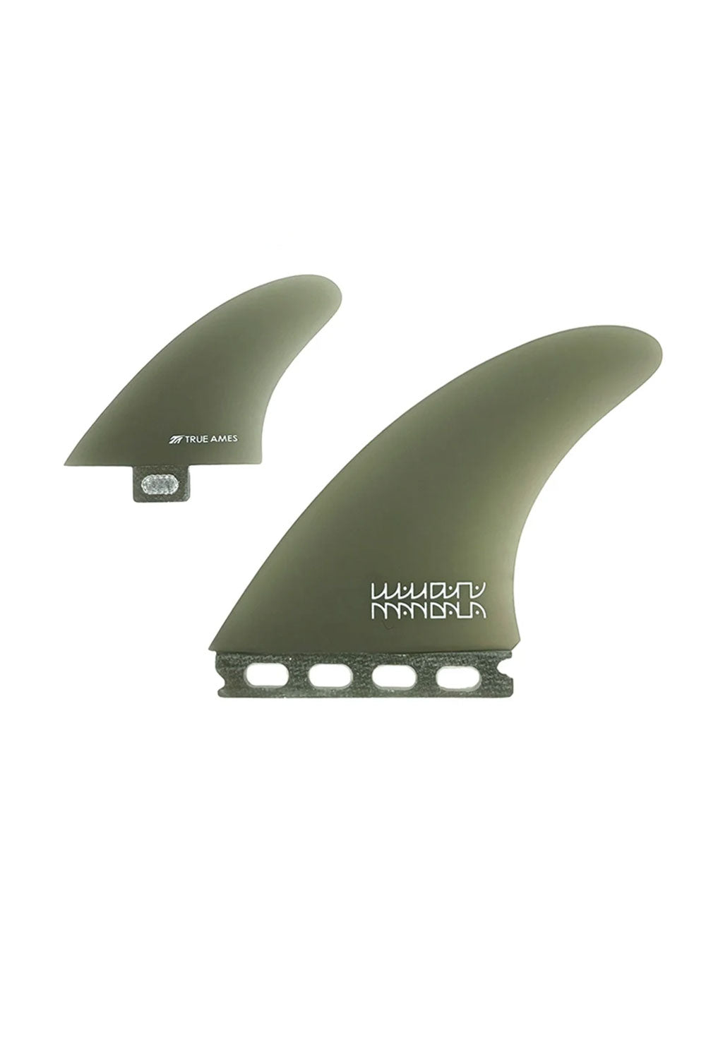 Two smoke surfboard fins on a plain white background, with one fin showing the brand name 'TRUE AMES' and 'MANDALA' printed in white.