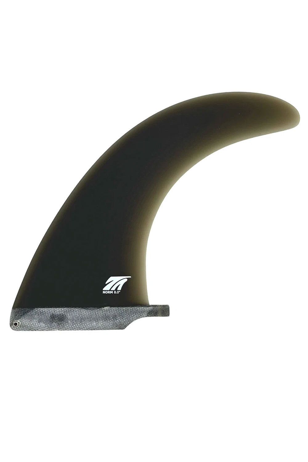 A single curved surfboard fin blade shown on a plain white background, with a dark black body and a small white logo near the base.