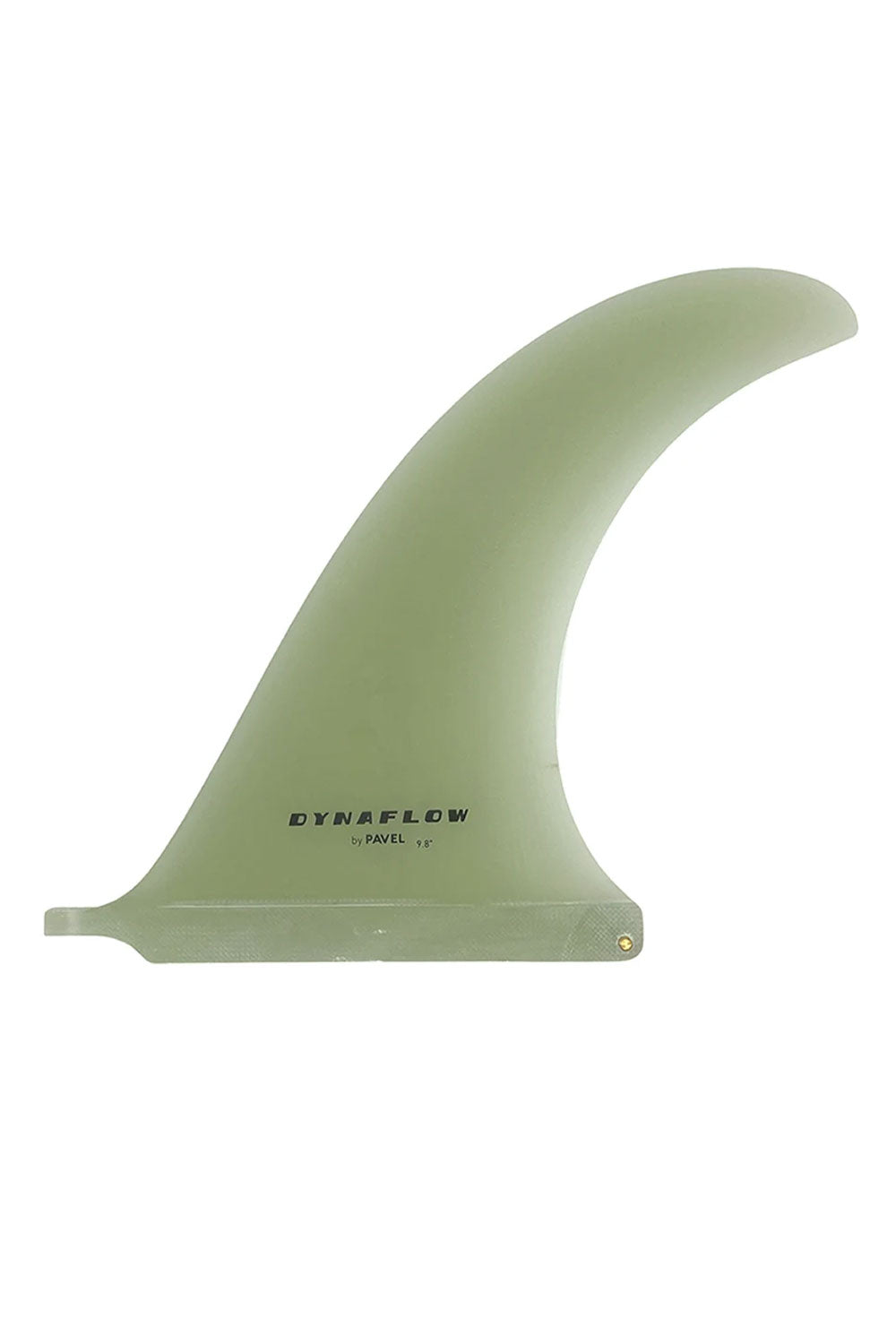 A single surfboard fin in clear color, featuring the black printed brand name 'DYNAFLOW' and model details near the base, set against a plain white background.