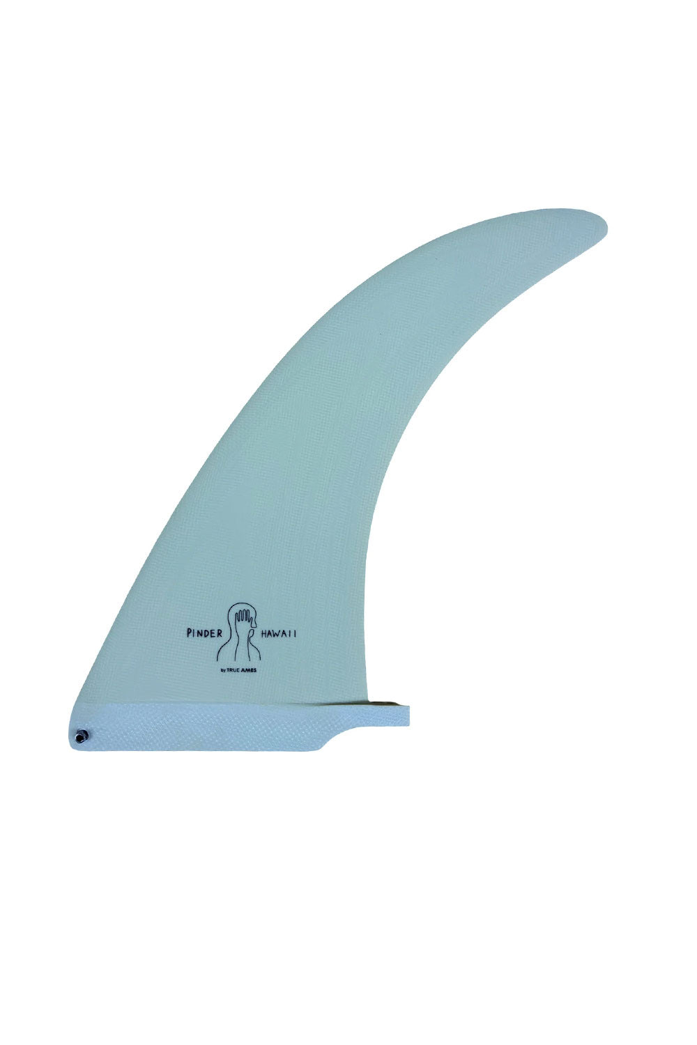 A single surfboard fin blade shown on a plain white background, with visible printed branding that reads 'PINDER' and 'HAWAII'. The fin is a pale icy blue color with a white base plate and small dark printed logo/text.