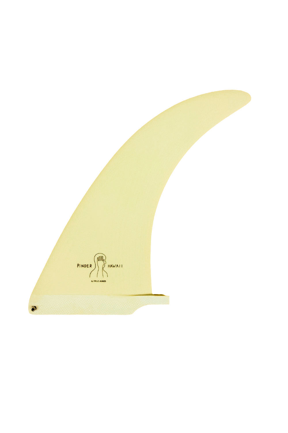 A single pale yellow surfboard fin blank with printed 'Pinder' branding, shown on a plain white background.