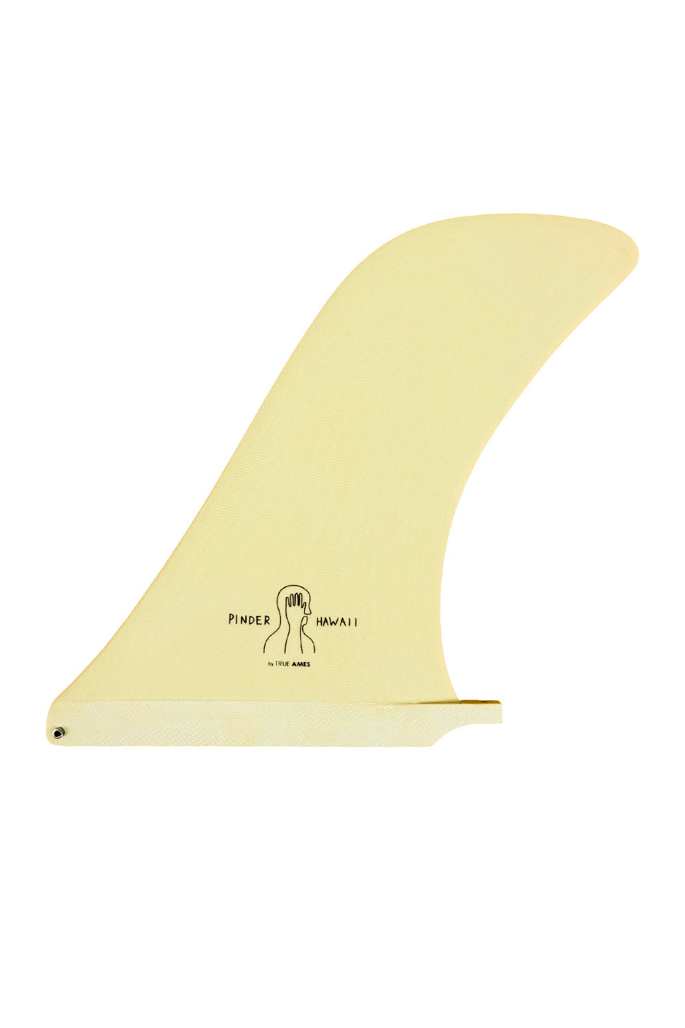 A pale yellow surfboard fin with black printed branding and logo, shown against a solid white background.