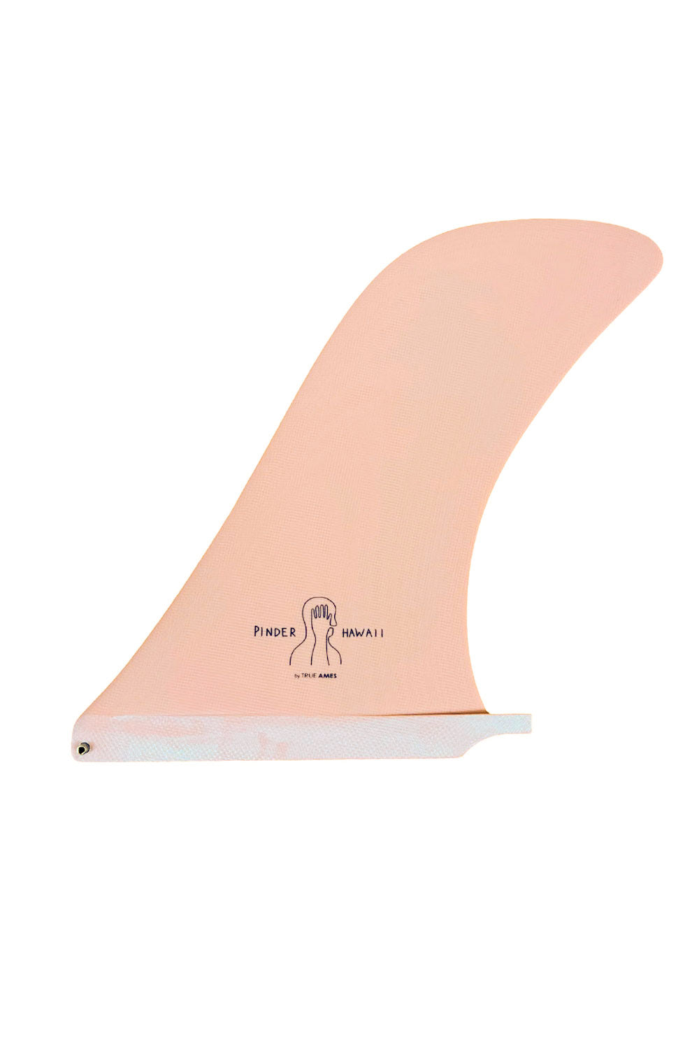 A single surfboard fin in a pale peach-pink color with a white base, featuring the 'Pinder Hawaii' logo printed in black. The fin is photographed against a seamless white background.