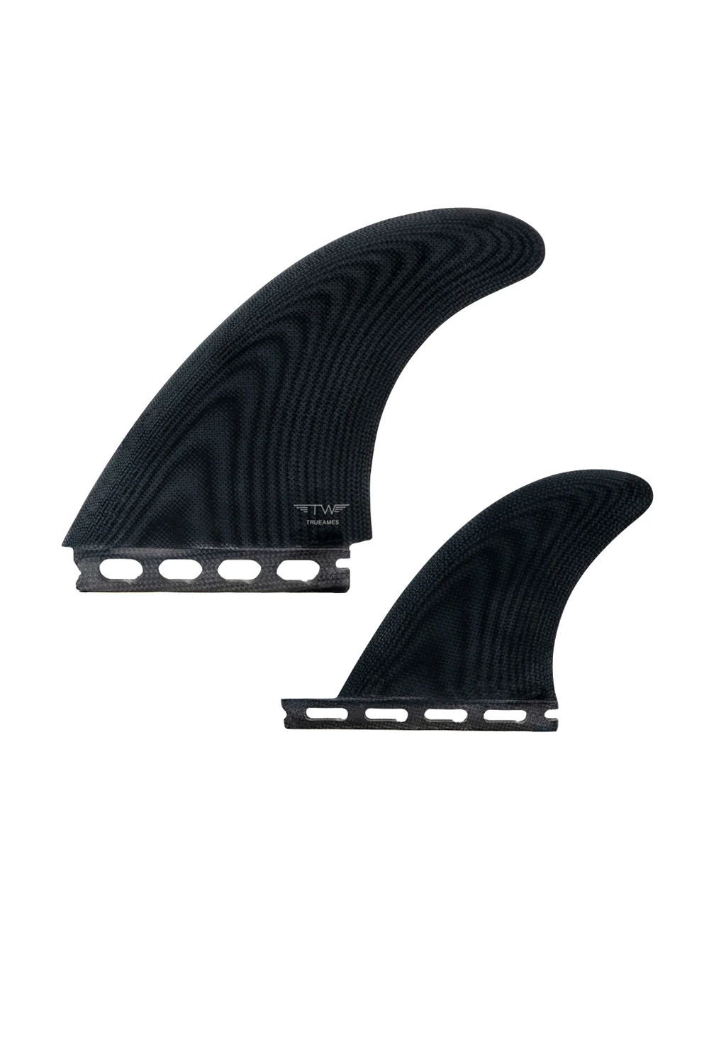 Two black surfboard fins with a textured, ribbed surface and mounting slots, displayed on a clean white background.