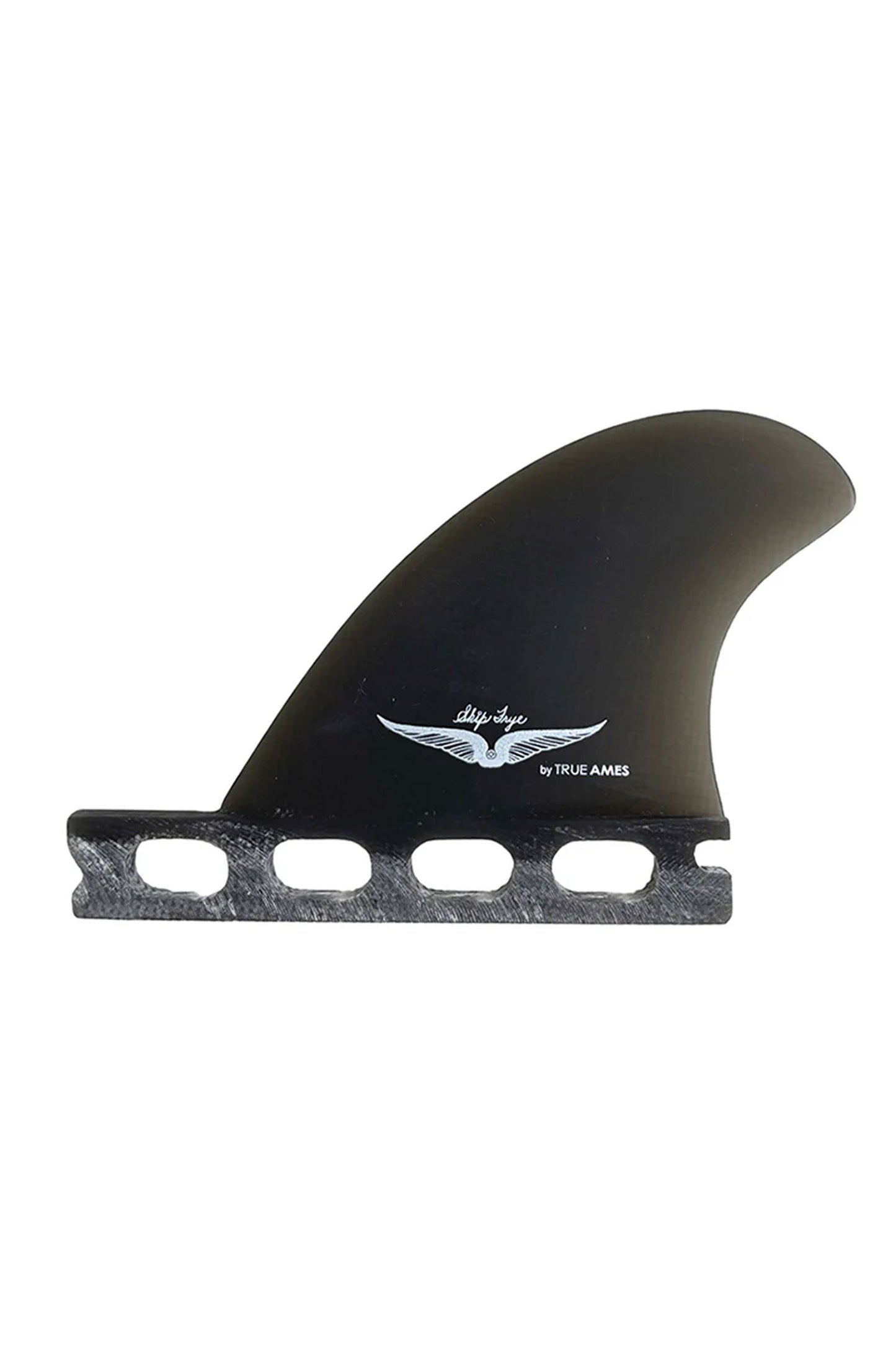 Black surfboard fin with Skip Frye logo on a white background