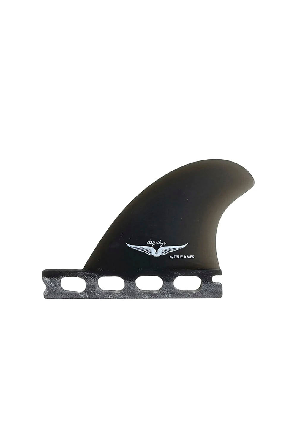 A single black surfboard fin blade with a silver wing logo and 'Skip Frye' text, shown against a plain white background.