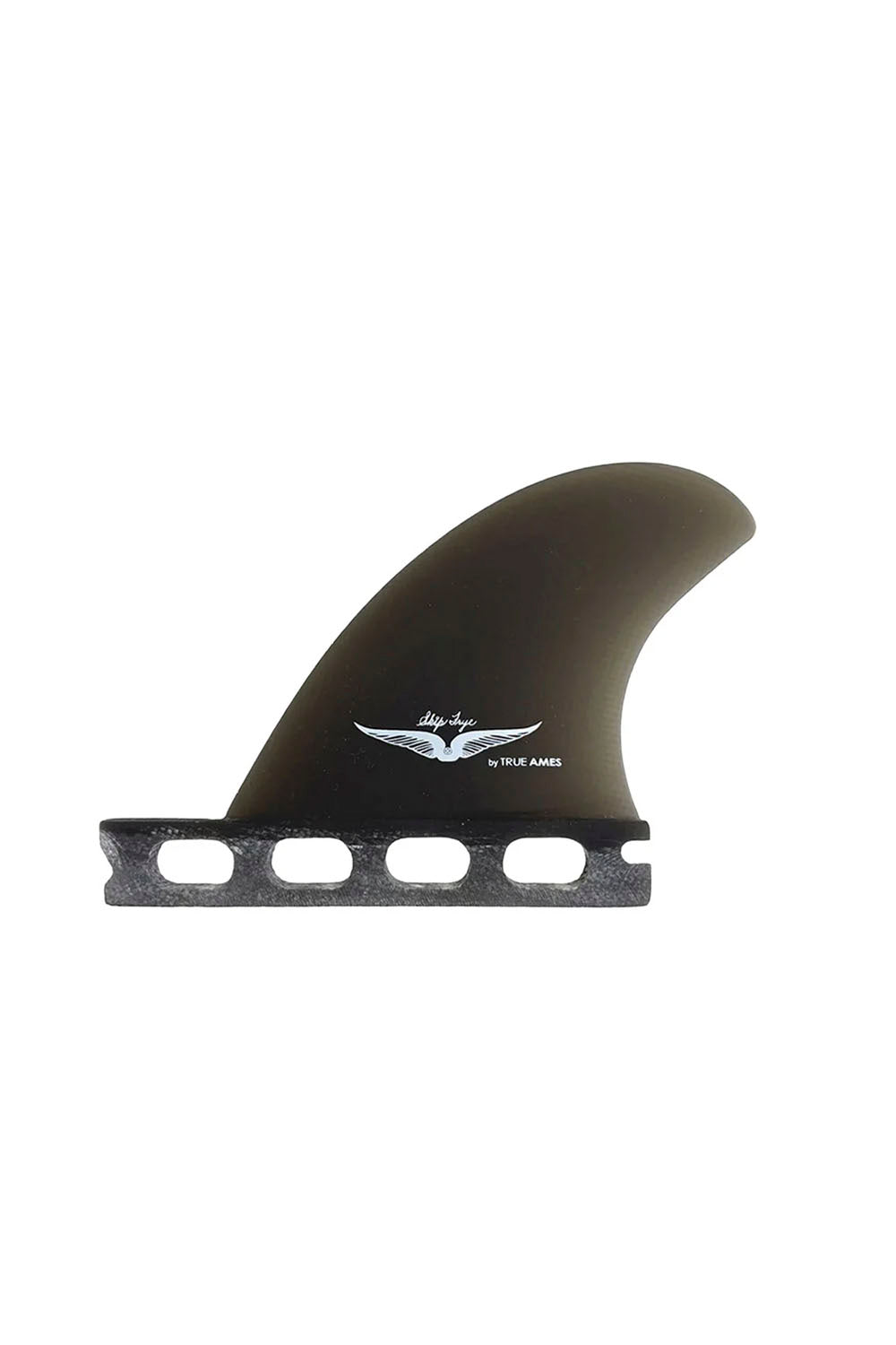A single surfboard fin blade with a black base and a dark brown to black curved fin, featuring a white wing logo and the text 'by TUSK JAMES' on the side, isolated on a white background.