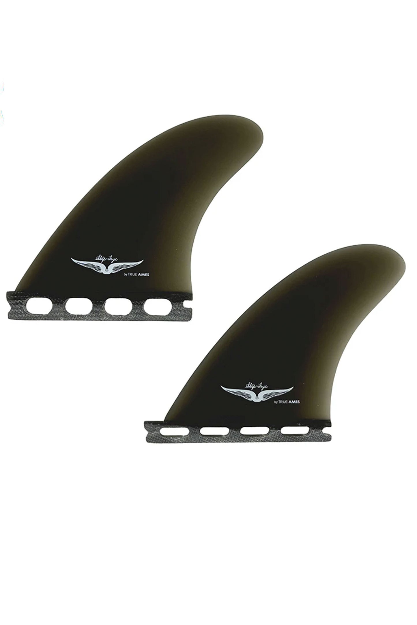 Two black True SKyp Frye Tri smoke fins on a white background