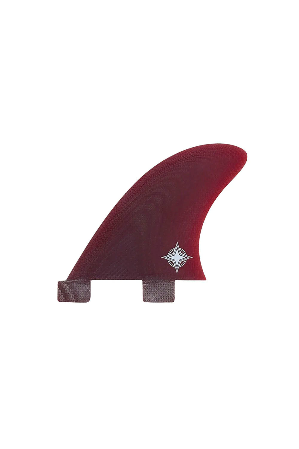 A single surfboard fin with a deep burgundy red fiberglass body and a small silver compass logo, shown against a plain white background.