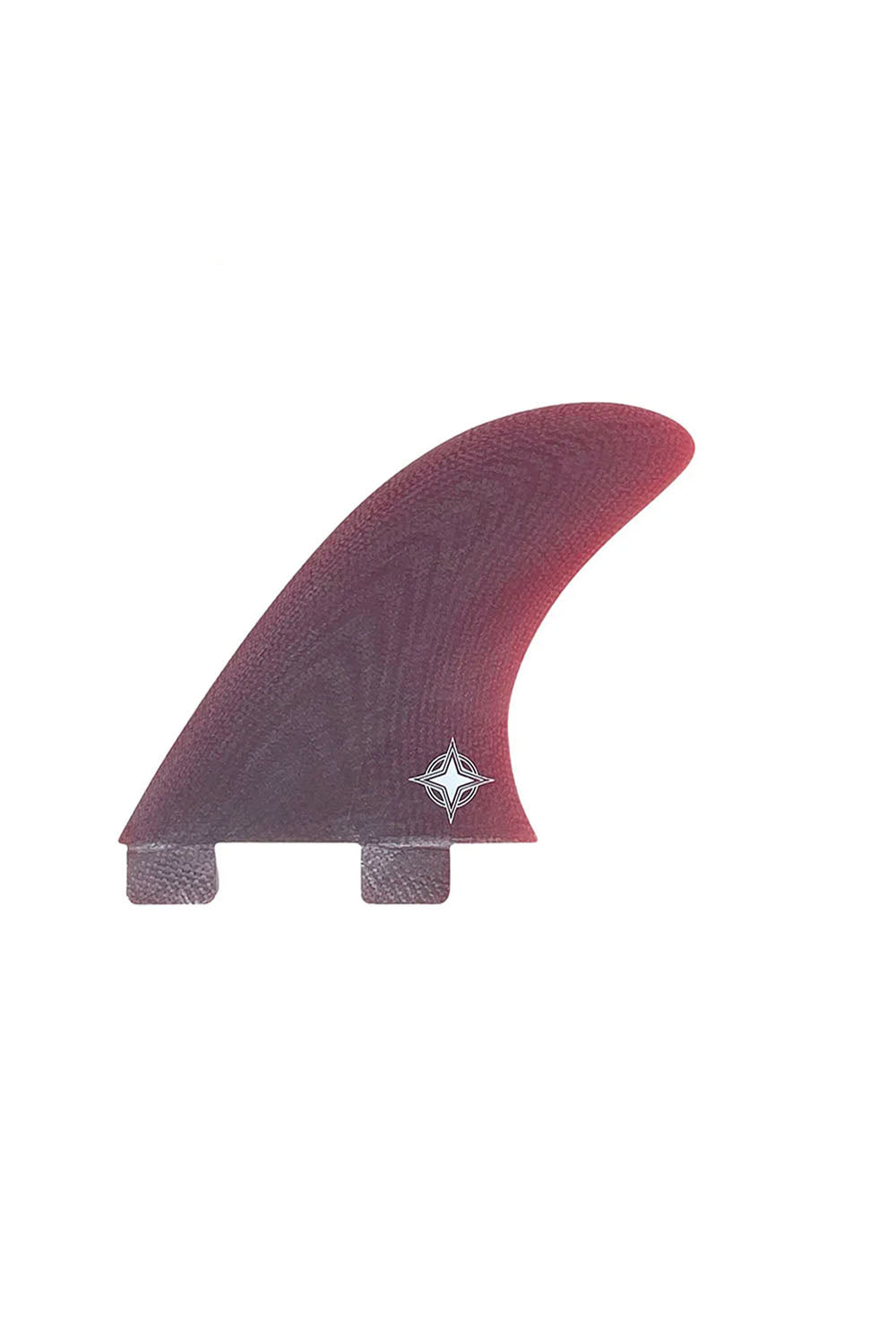 A single surfboard fin blade shown on a plain white background. The fin has a textured dark red to burgundy finish with a small silver compass logo near the base.