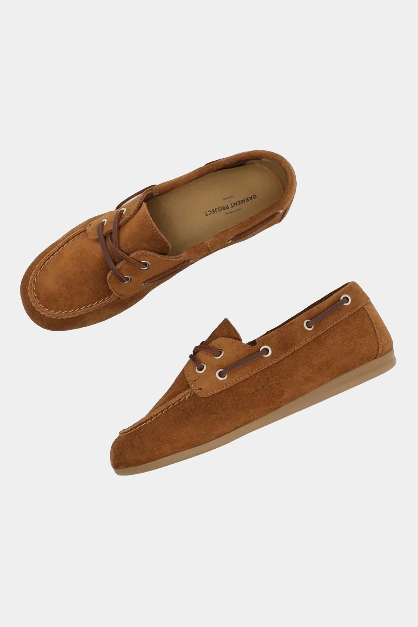 Garment Project Daisy Boat Shoe Cognac suede women's footwear top angle detail