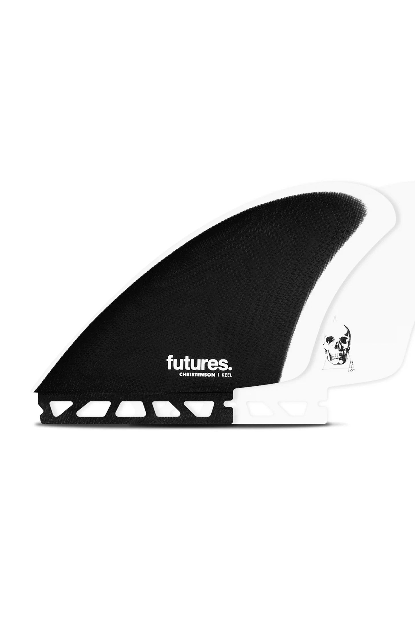 Black and white surfboard fin with 'futures' branding on a white background