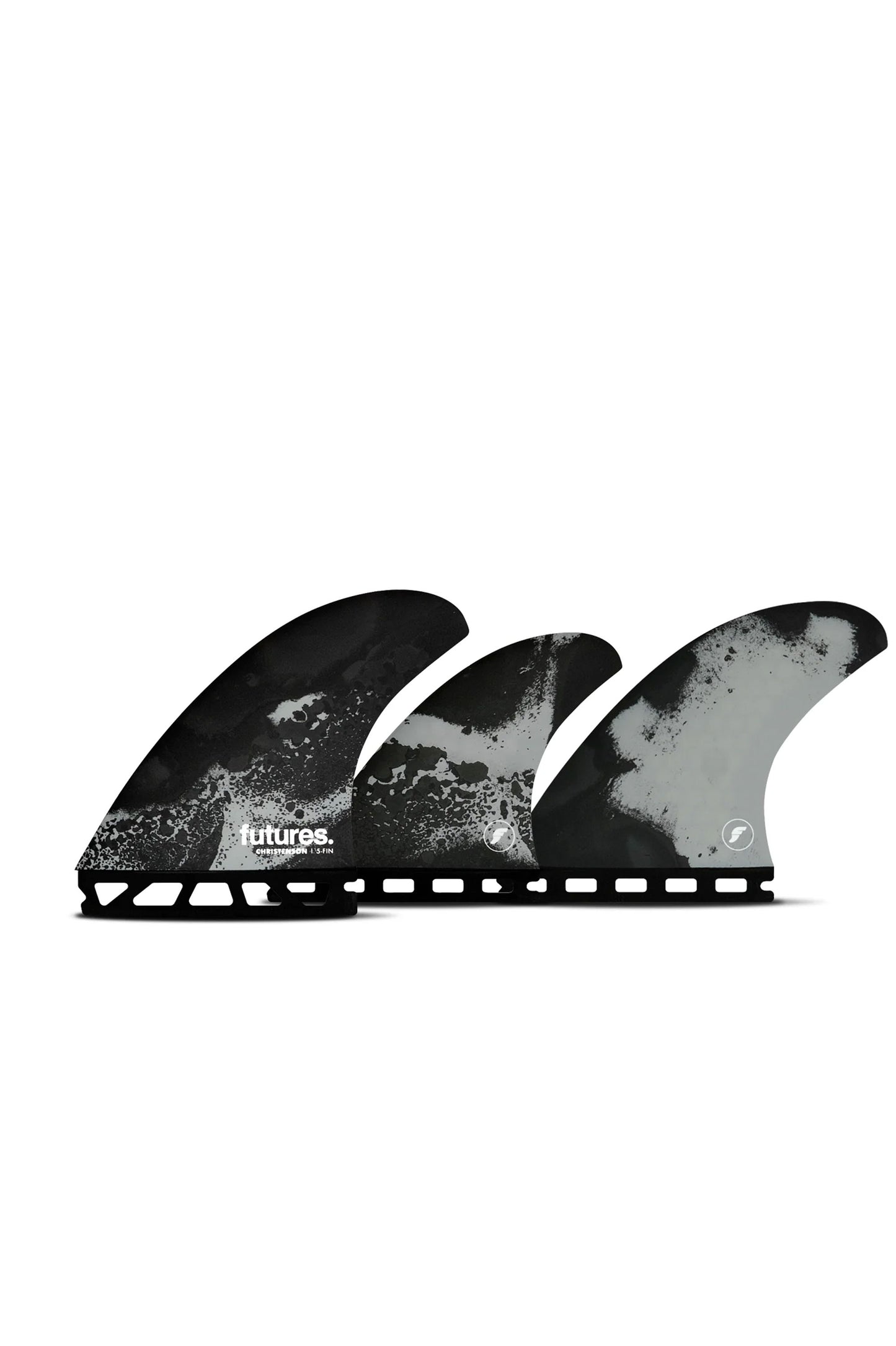Three surfboard fins with a black and gray design on a white background, featuring the 'futures' brand.