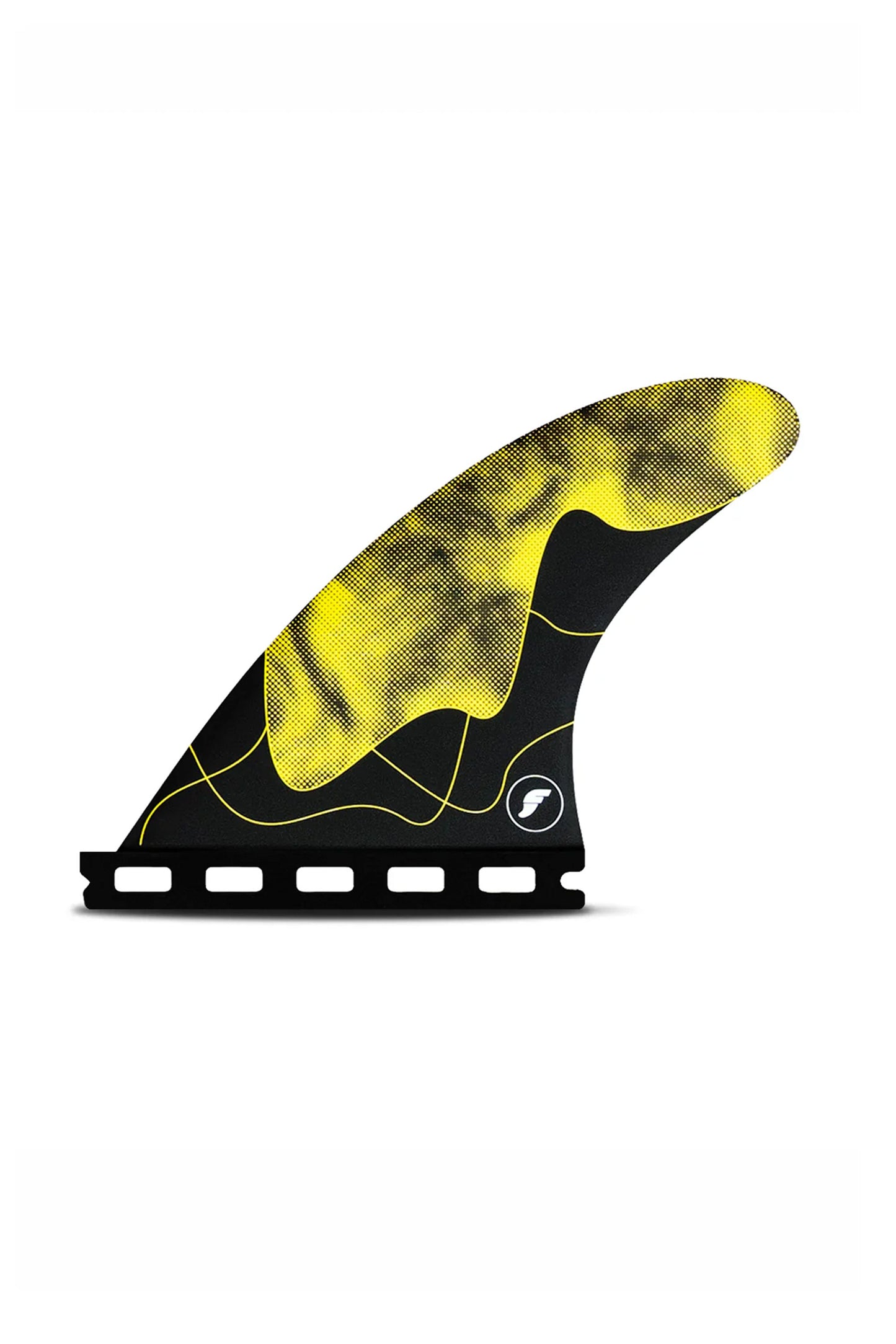 Yellow and black surfboard fin on a white background