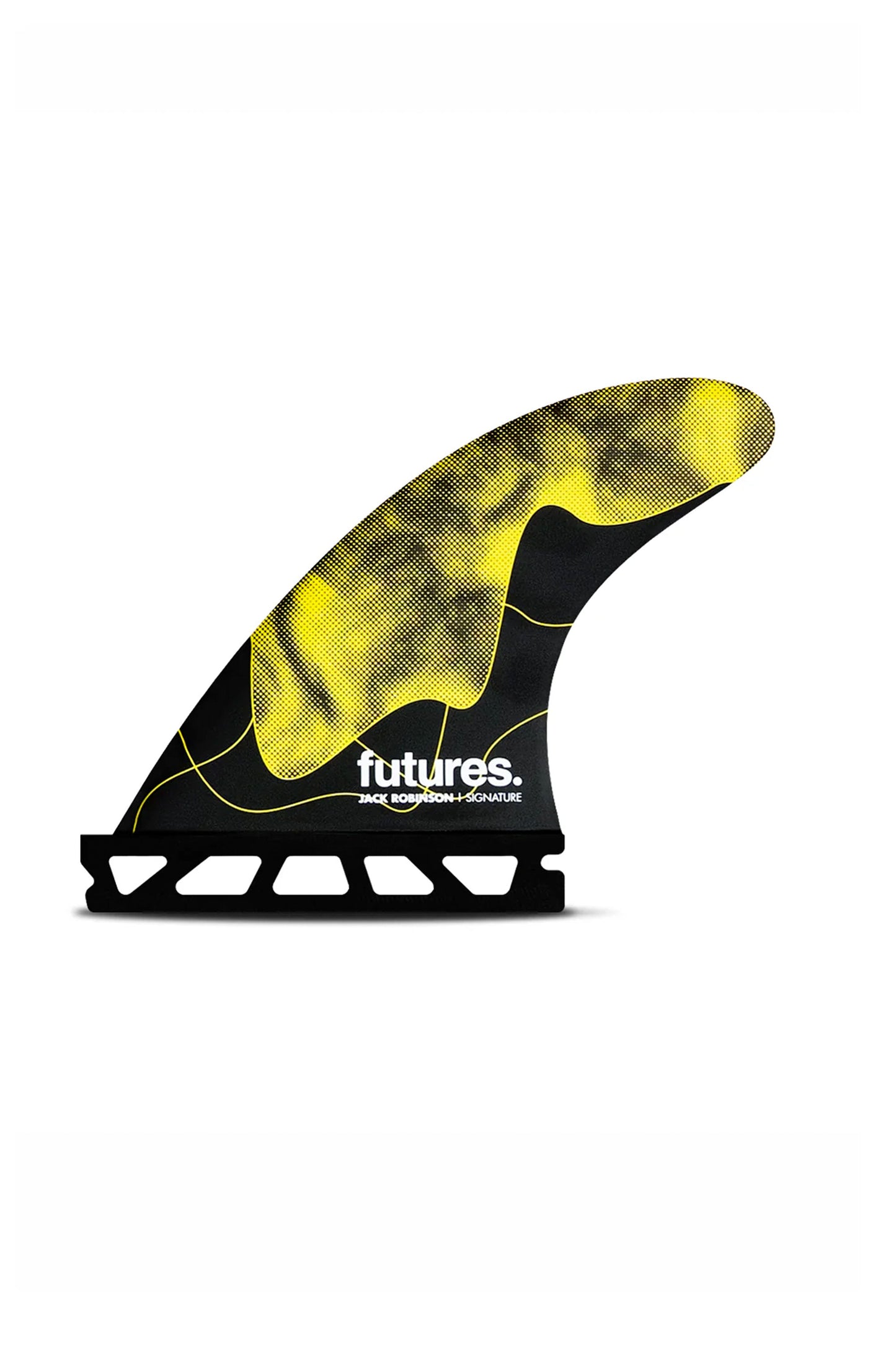 Surfboard fin with yellow and black design on a white background