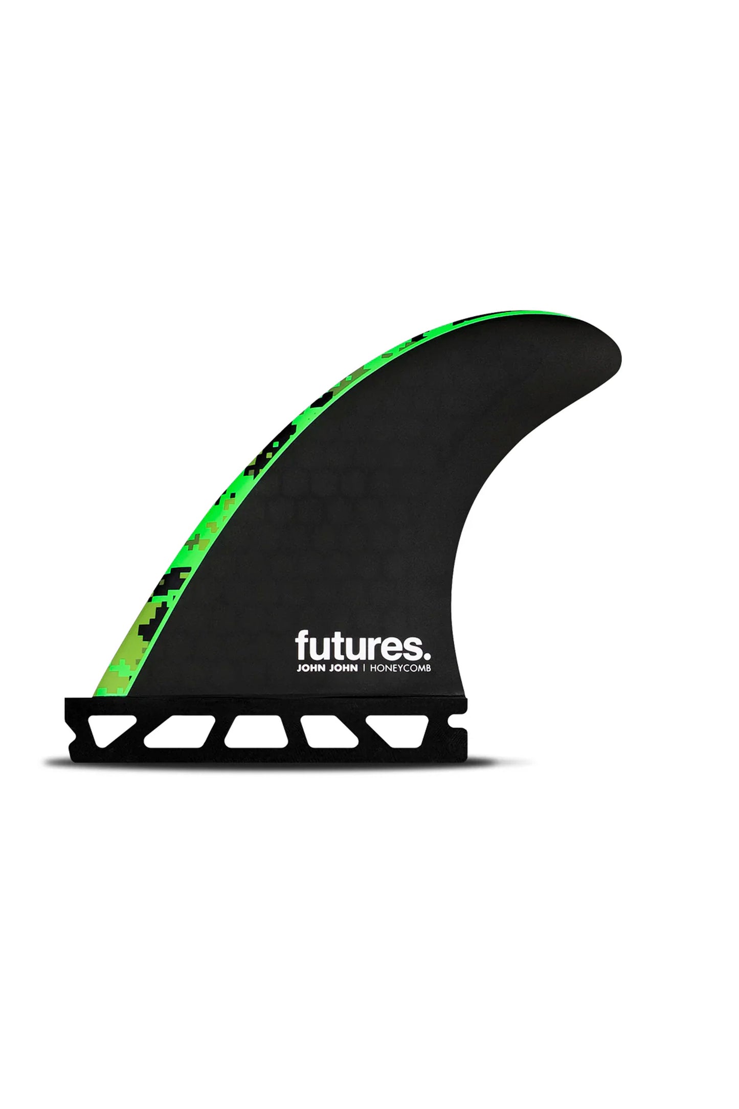 Black and green surf fin with 'futures' branding on a white background