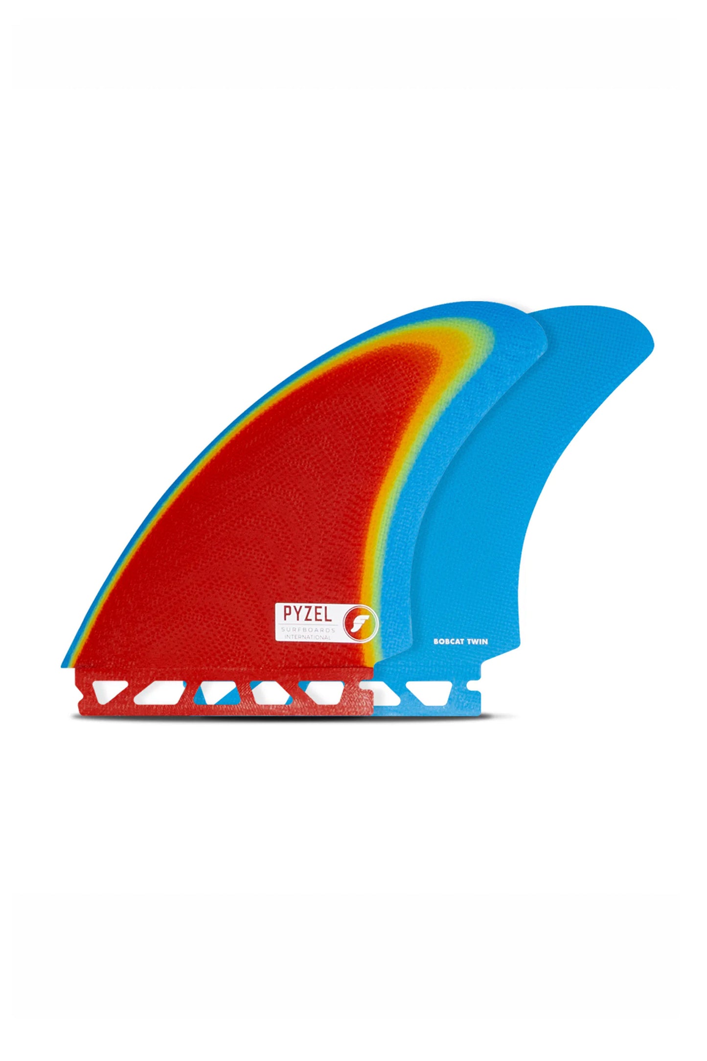 Blue and red fiberglass twin fin highlighting added height and curve