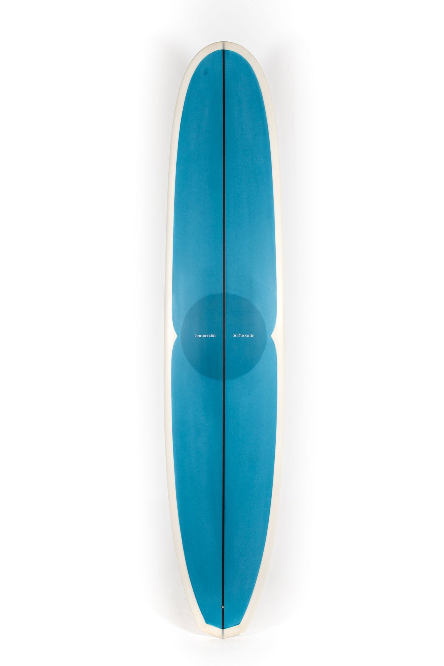 Blue and cream colored Garmendia Longboard size 9'4" on a white background by Pukas Surf Shop