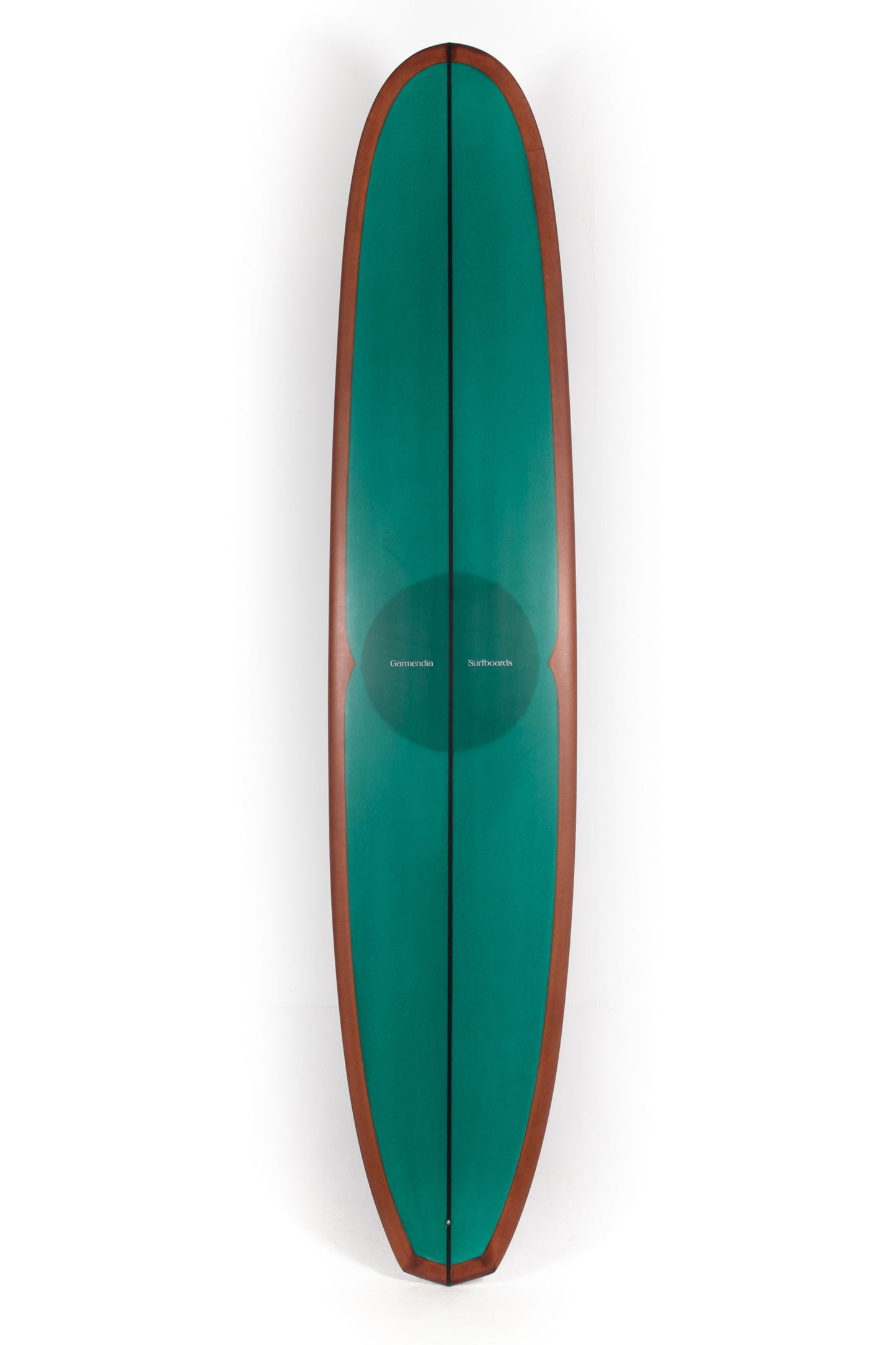 Brown and green Jon Garmendia Longboard size 9'6" on a white background at Pukas Surf Shop