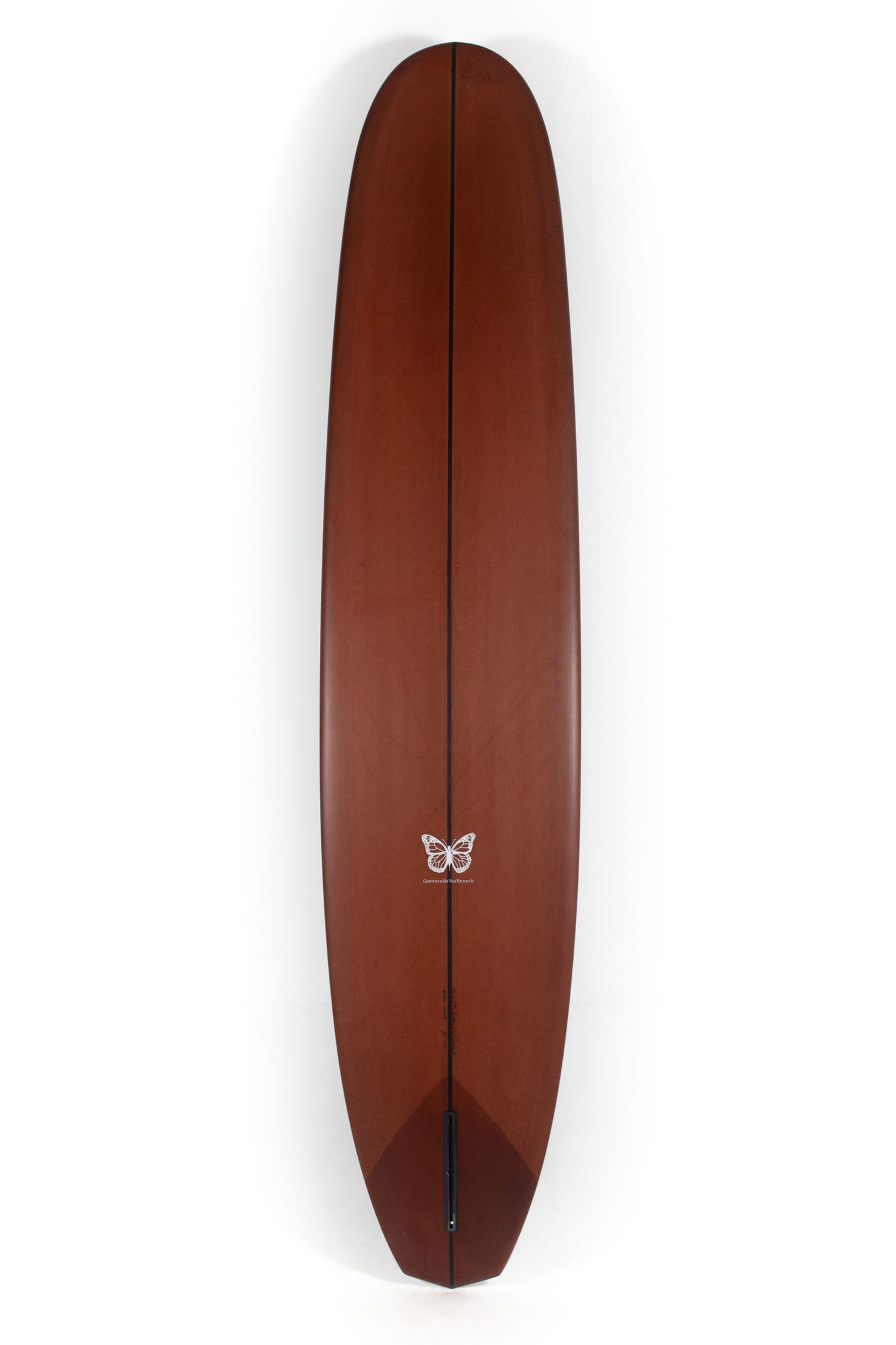 Brown and green Jon Garmendia Longboard size 9'6" on a white background at Pukas Surf Shop - 2