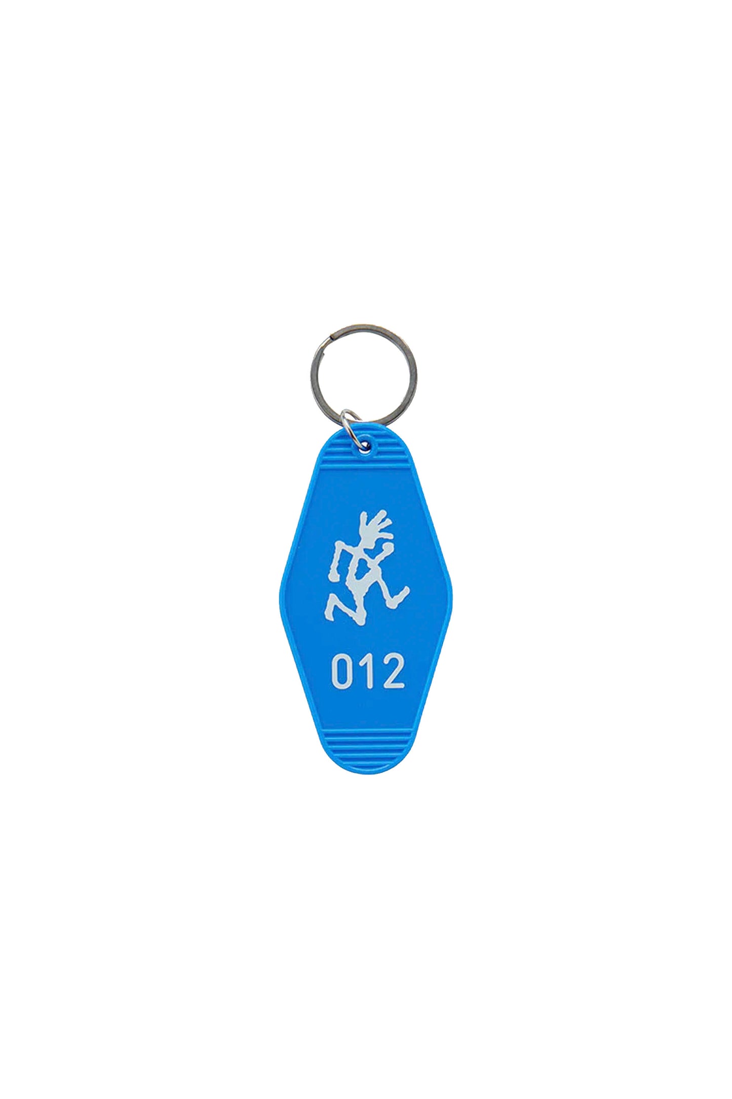 Blue keychain with a logo and number '012' on a white background
