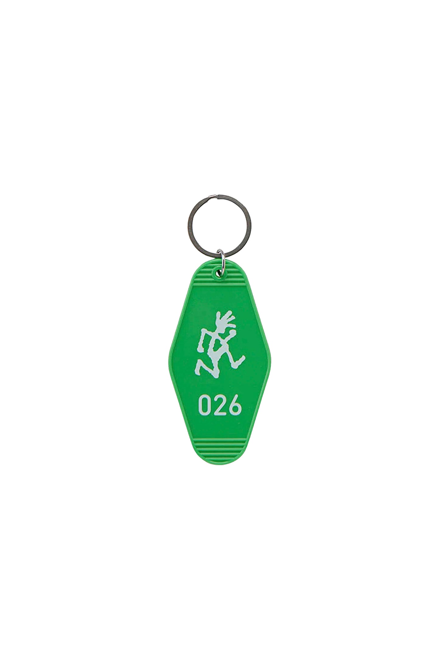 Green keychain with a white design and number '026' on a white background
