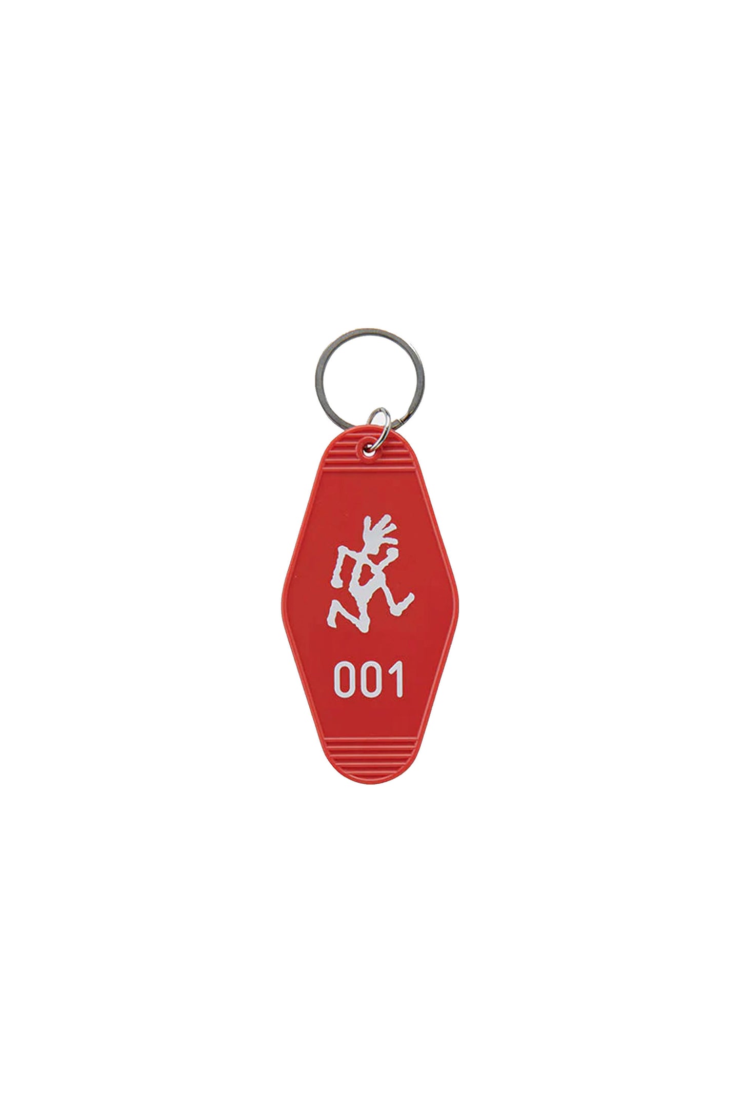 Red keychain with a white design and number '001' on a white background