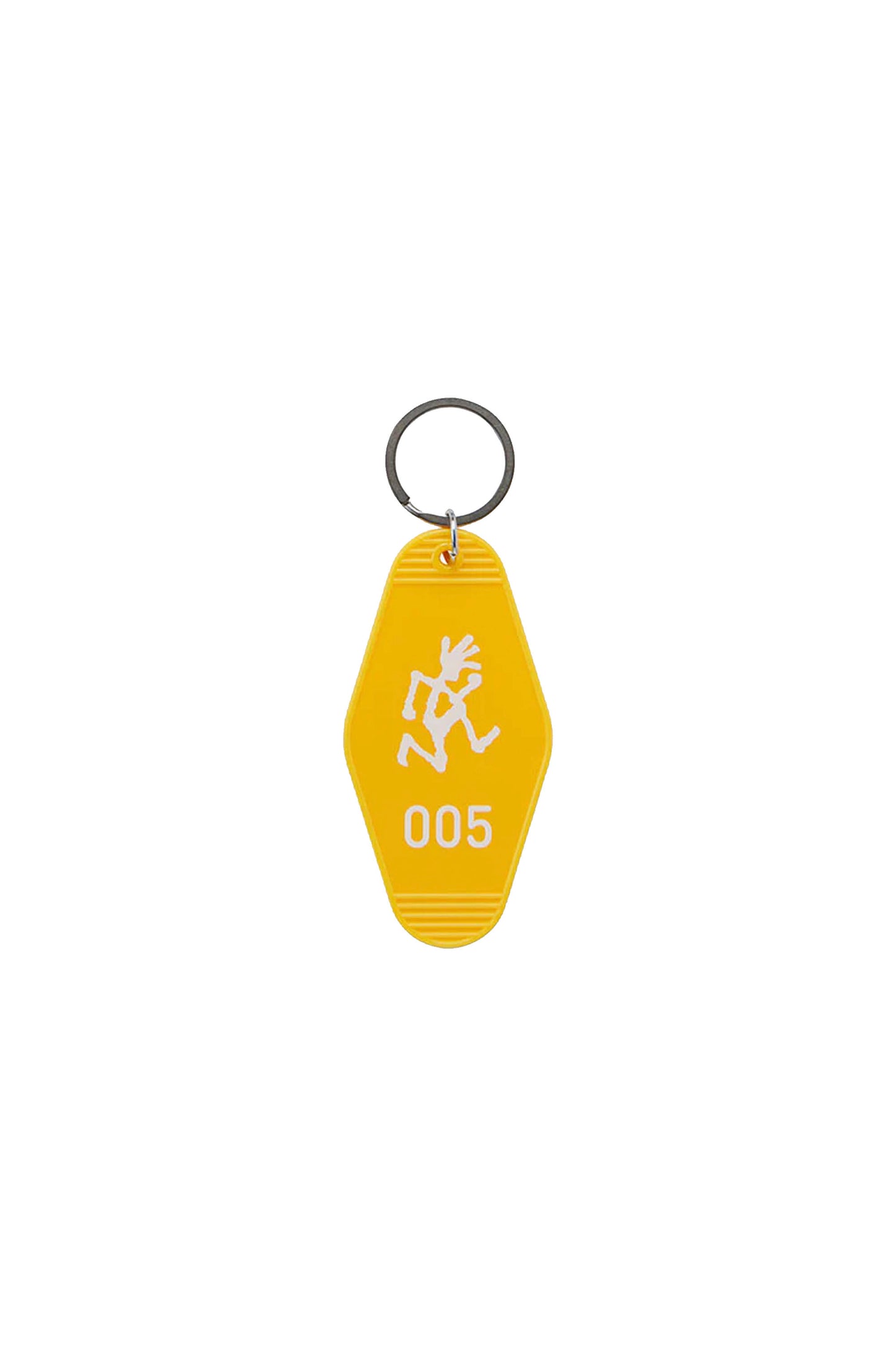 Yellow keychain with a design and number '005' on a white background