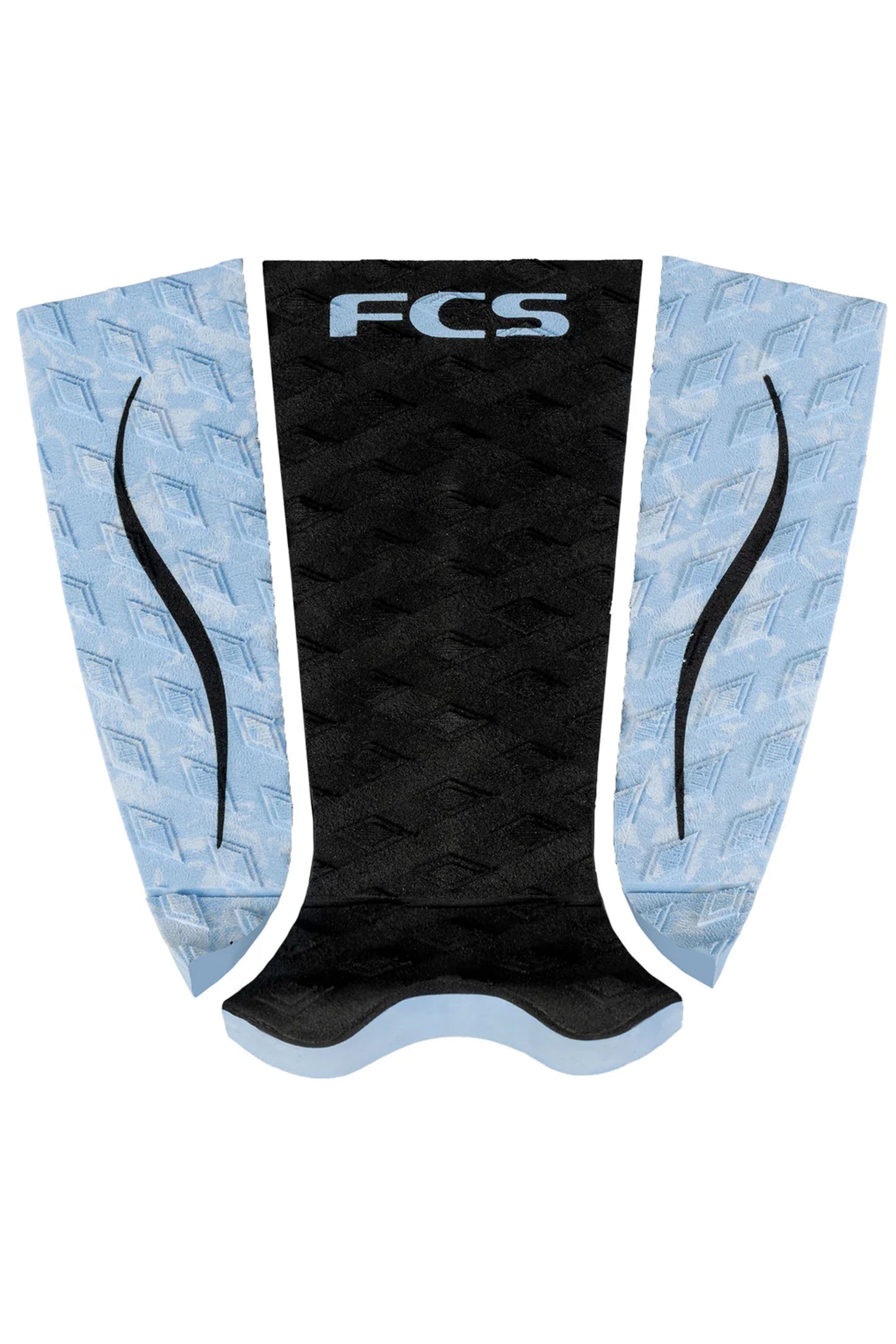FCS Carissa Moore traction pad in black and blue, three-piece surfboard grip.