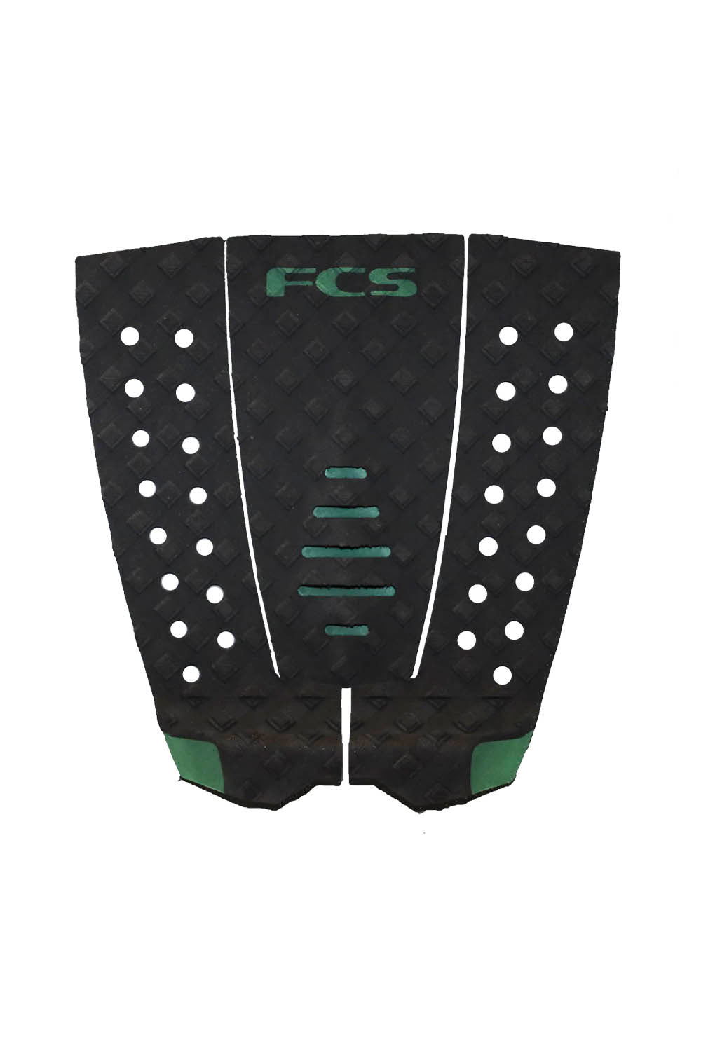 Black and green FCS surfboard tail pad on a white background