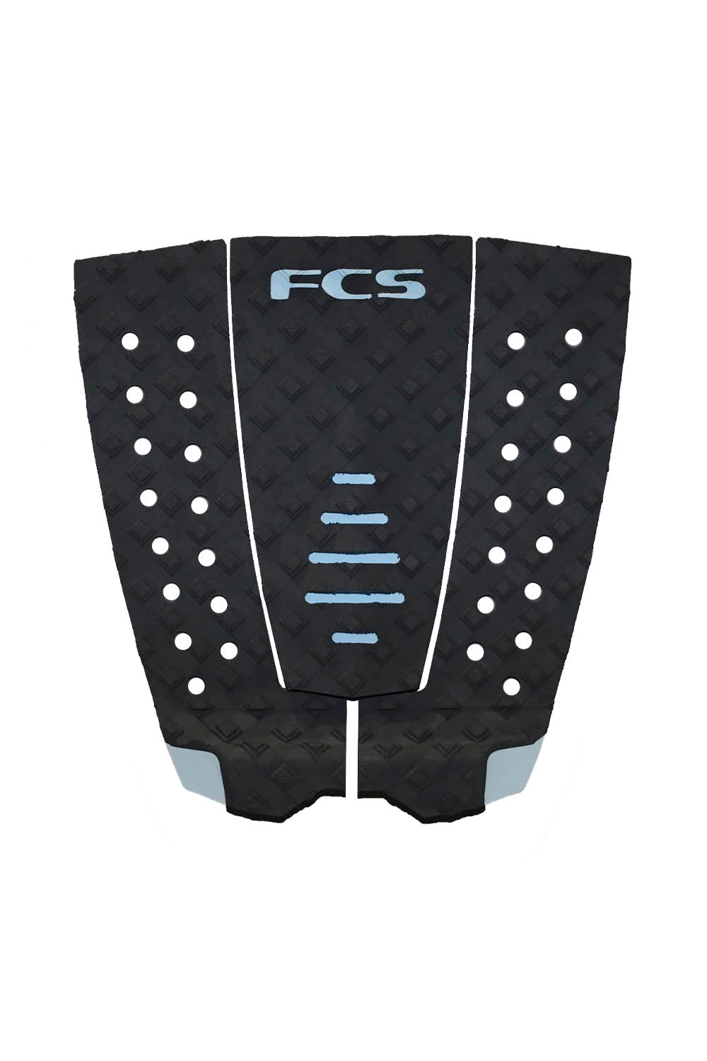 Black FCS surfboard tail pad on a white background