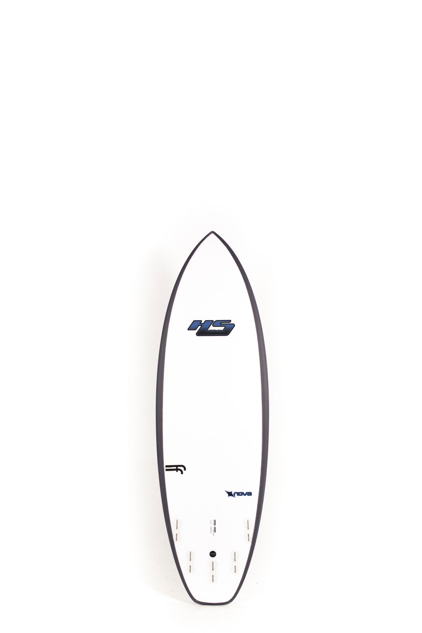 White Haydenshapes Nova Surfboard with black rails size 5'7" on a white background by Pukas Surf Shop - 2