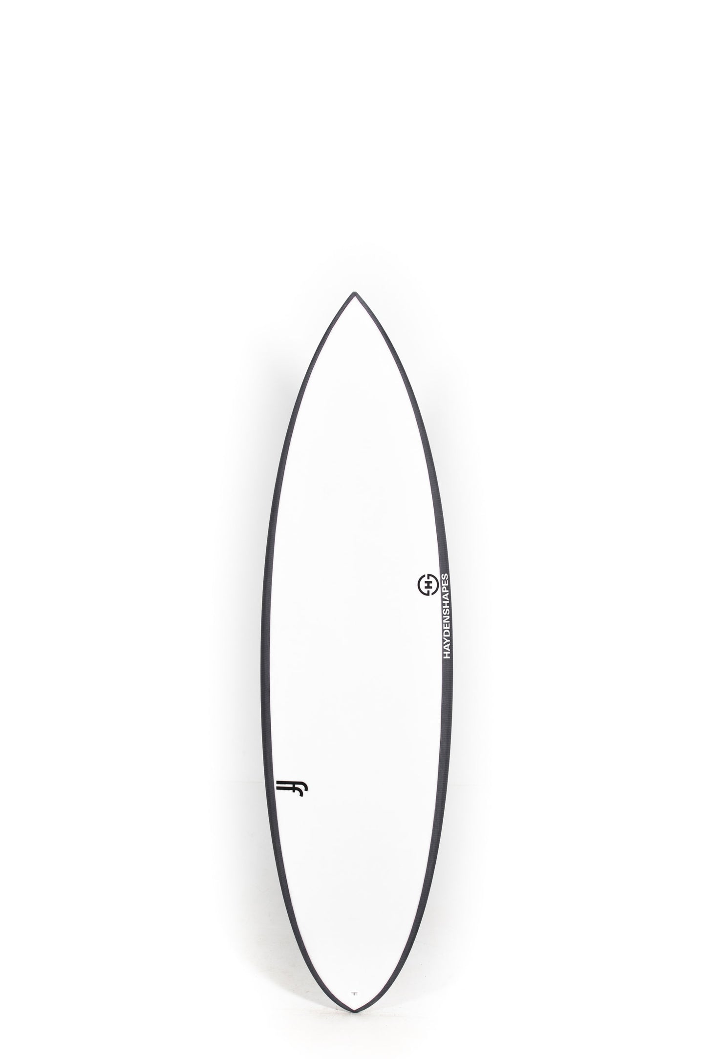 Black and white HaydenShapes surfboard Holy Hypto size 6'7" on a white background by Pukas Surf Shop