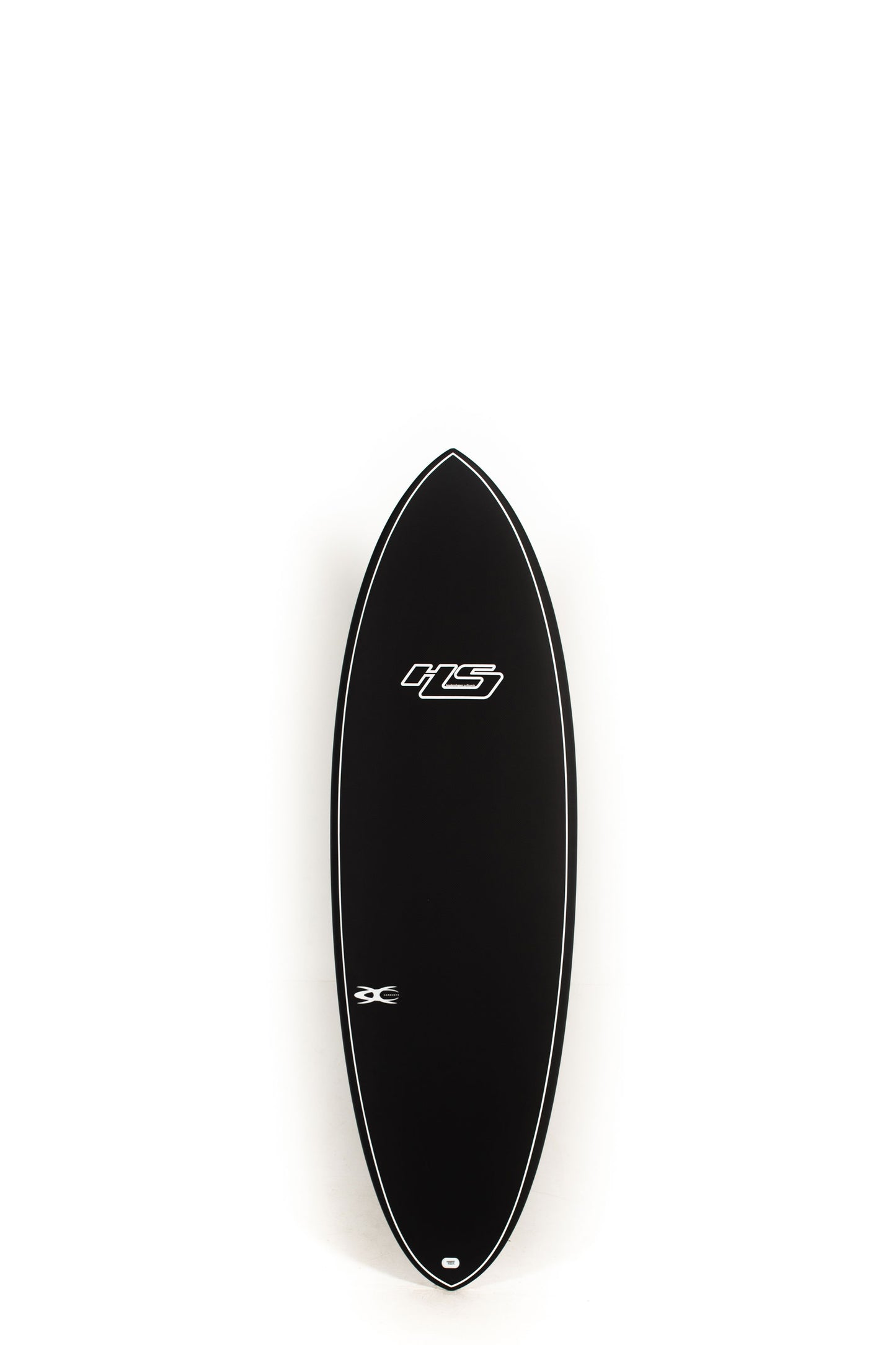 Black HaydenShapes Surfboard Hypeto Krypto Carbonyx size 5'9" on a white background by Pukas Surf Shop