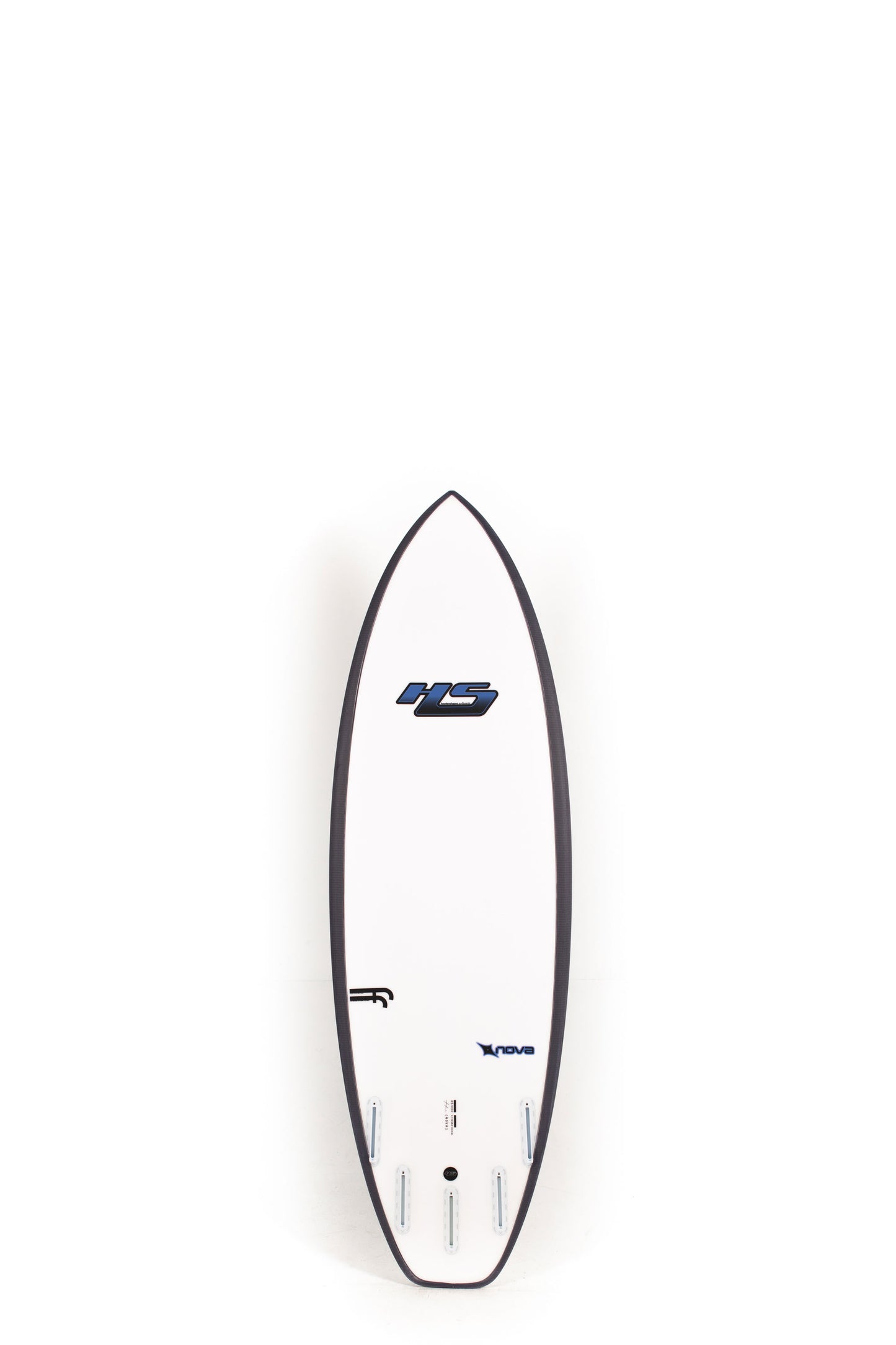 White Haydenshapes Nova Surfboard with black rails size 5'7" on a white background by Pukas Surf Shop - 2