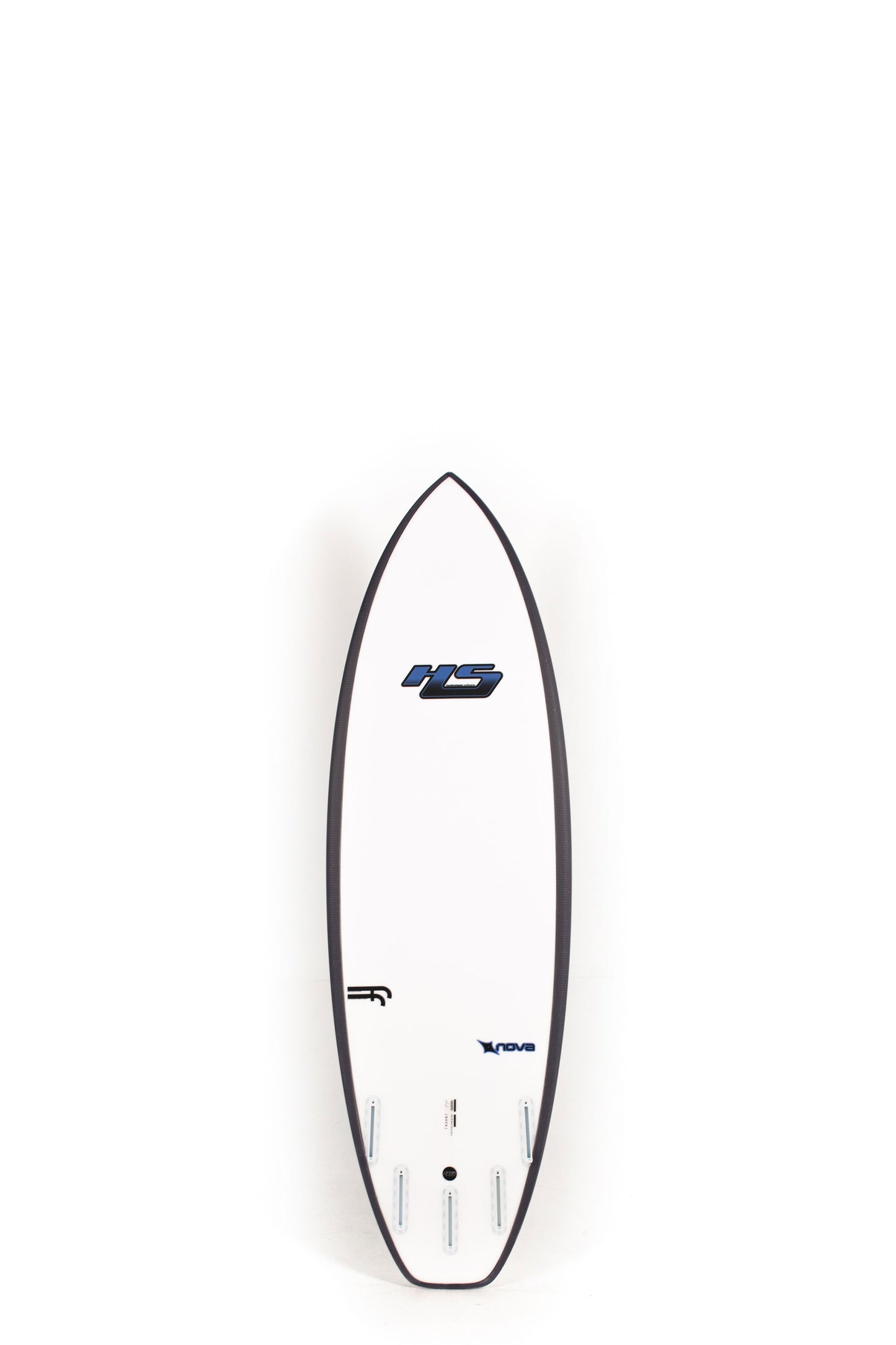 White Haydenshapes Nova Surfboard with black rails size 5'8" on a white background by Pukas Surf Shop - 2