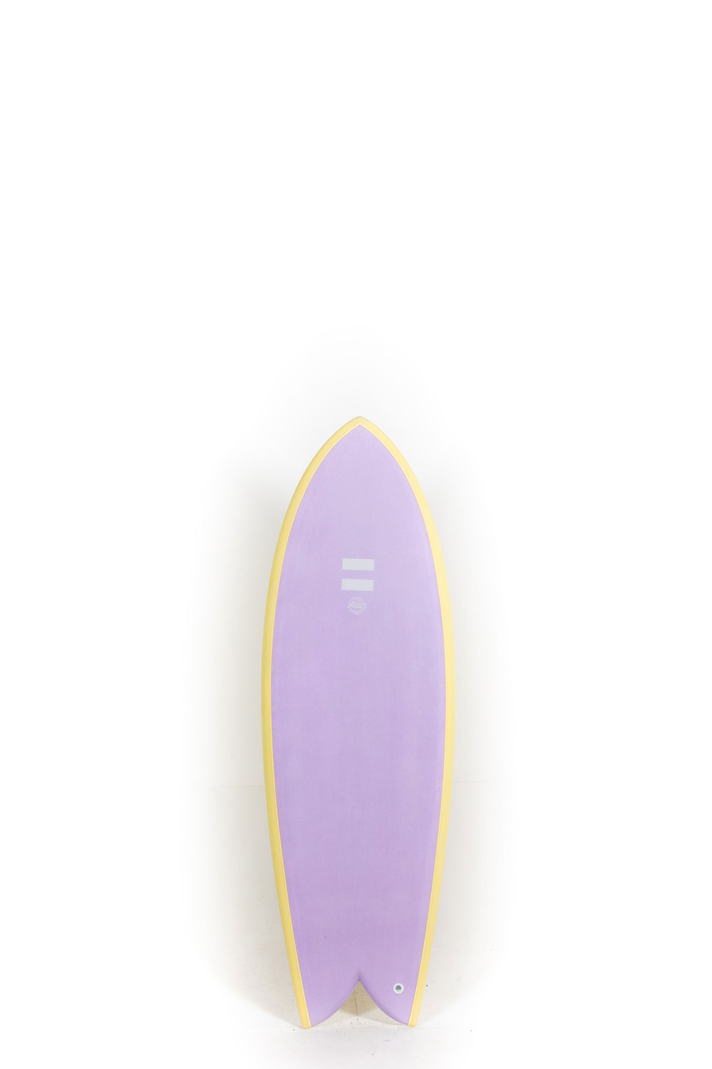 Purple and yellow indio surfboard Dab size 5'5" on a white background by Pukas Surf Shop