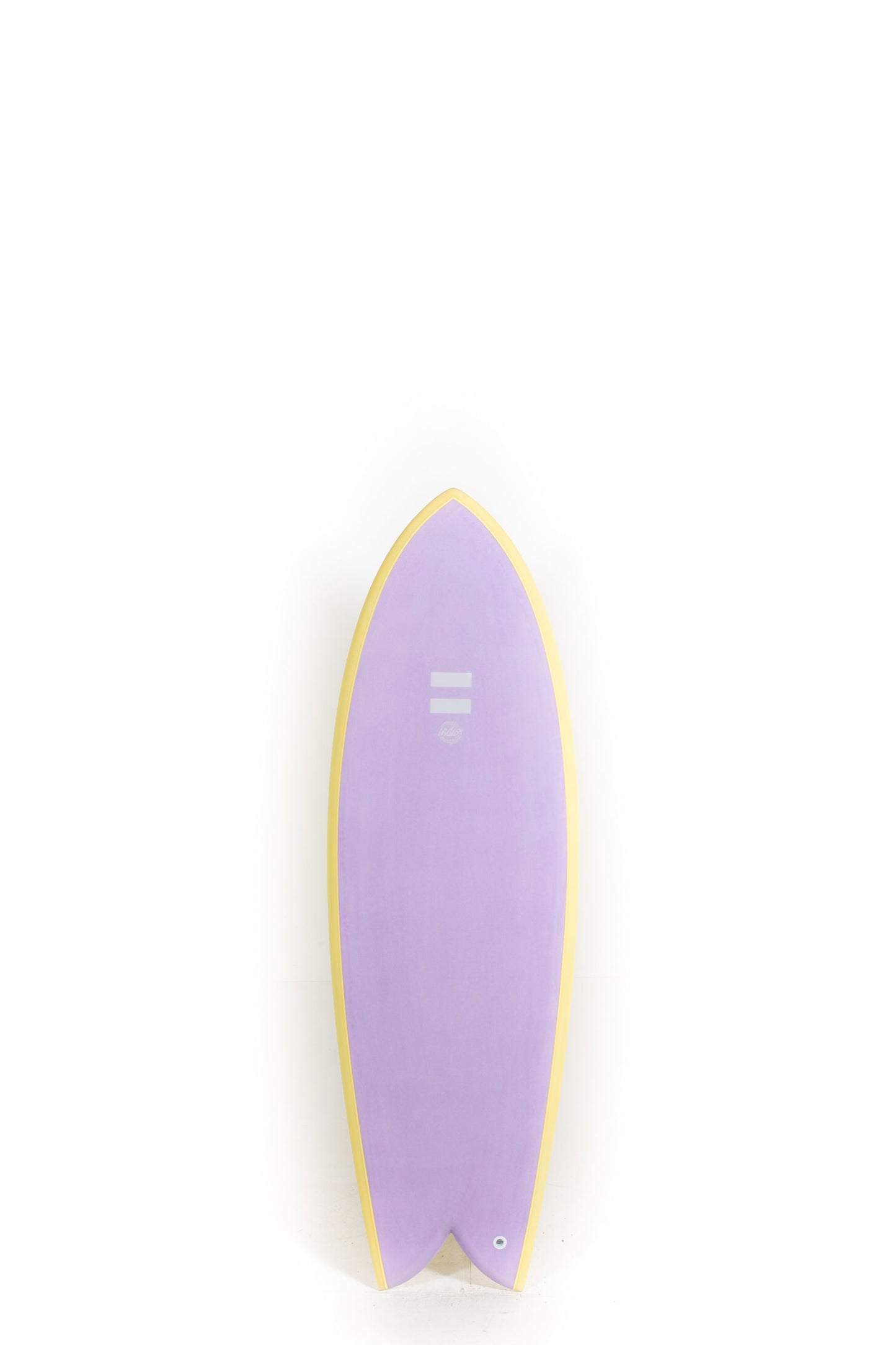 Purple and yellow Indio Surfboard Dab size 5'7" on a white background at Pukas Surf Shop