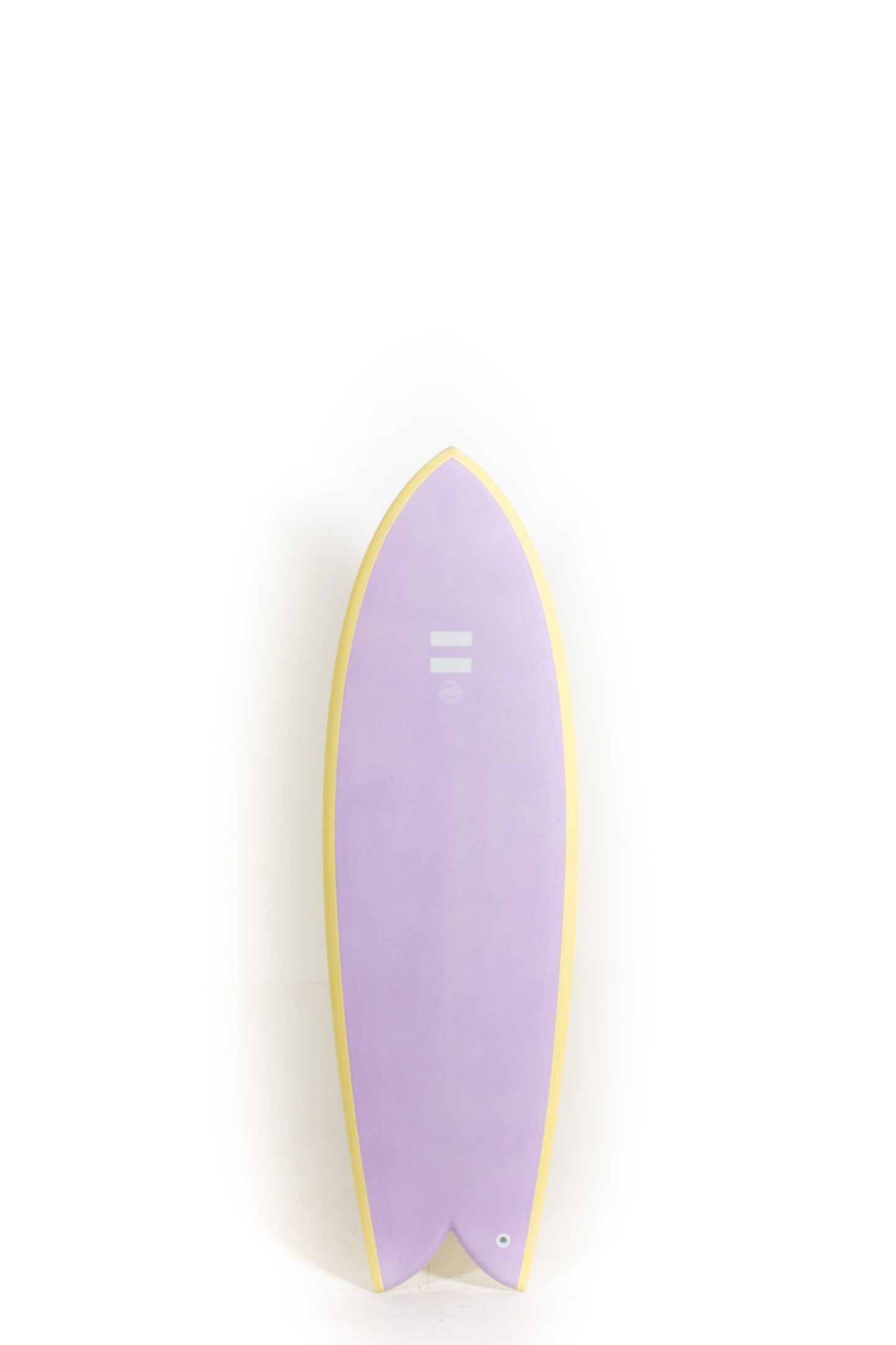 Purple and yellow Indio Surfboard Dab size 5'9" on a white Background by Pukas Surf Shop