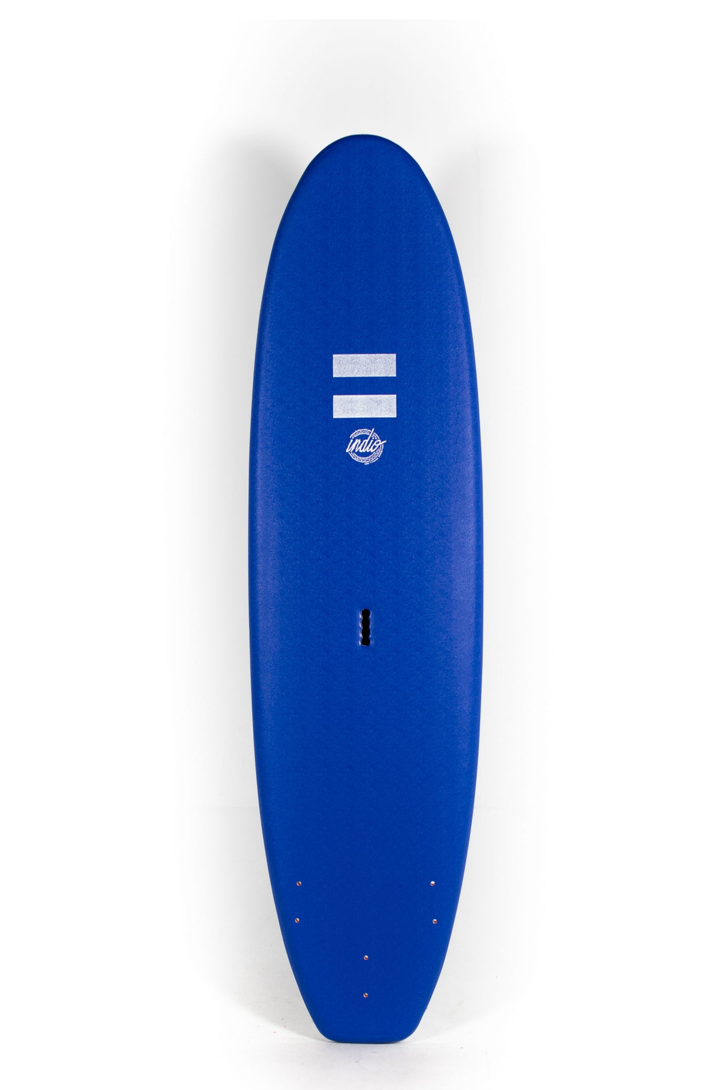Blue Indio Softboard surfboard with a logo on a white background by Pukas Surf Shop