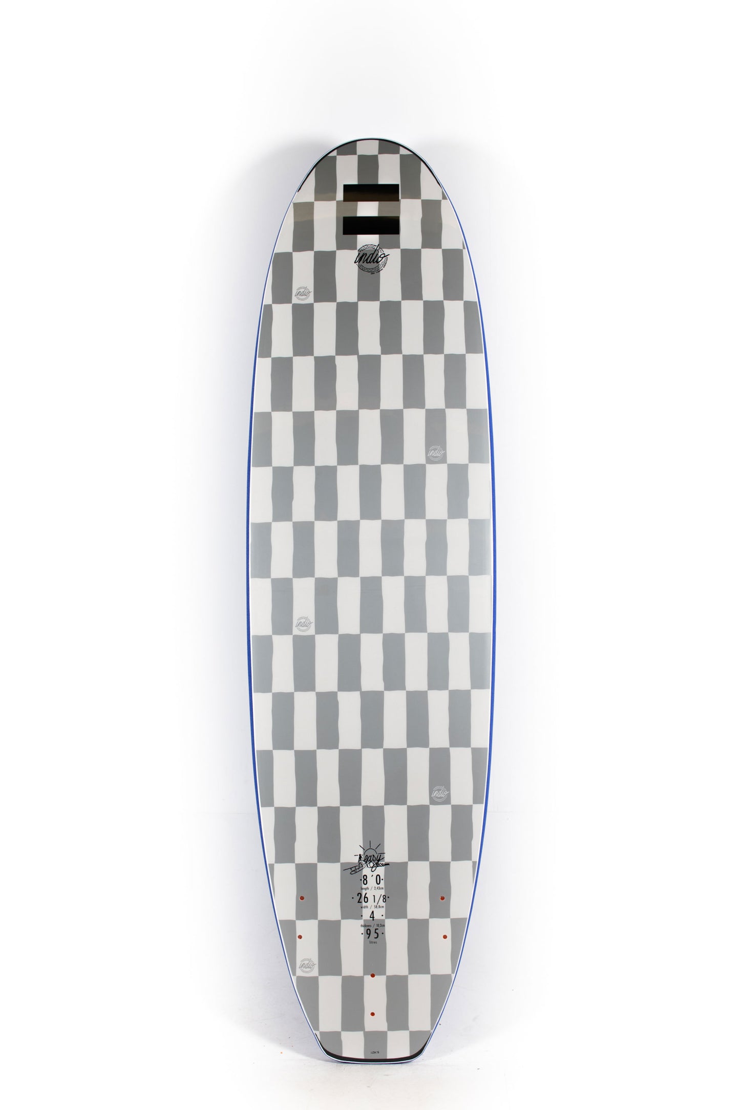 Blue Indio Softboard surfboard with a logo on a white background by Pukas Surf Shop - 2