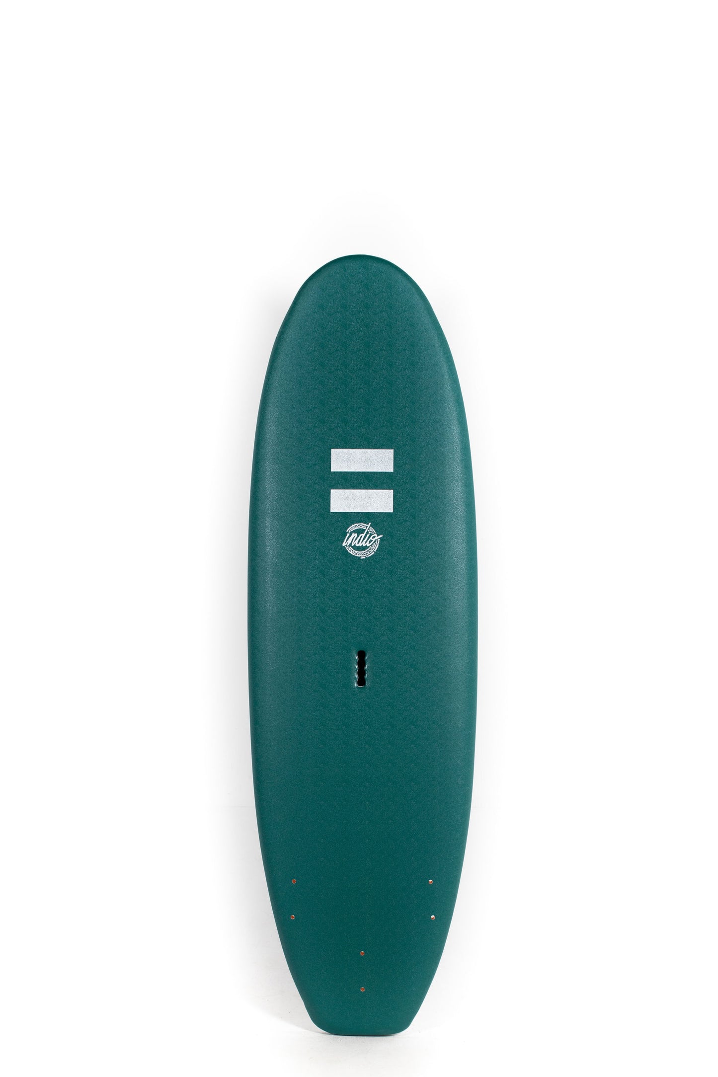 Green Indio Softboard surfboard with a logo on a white background by Pukas Surf Shop
